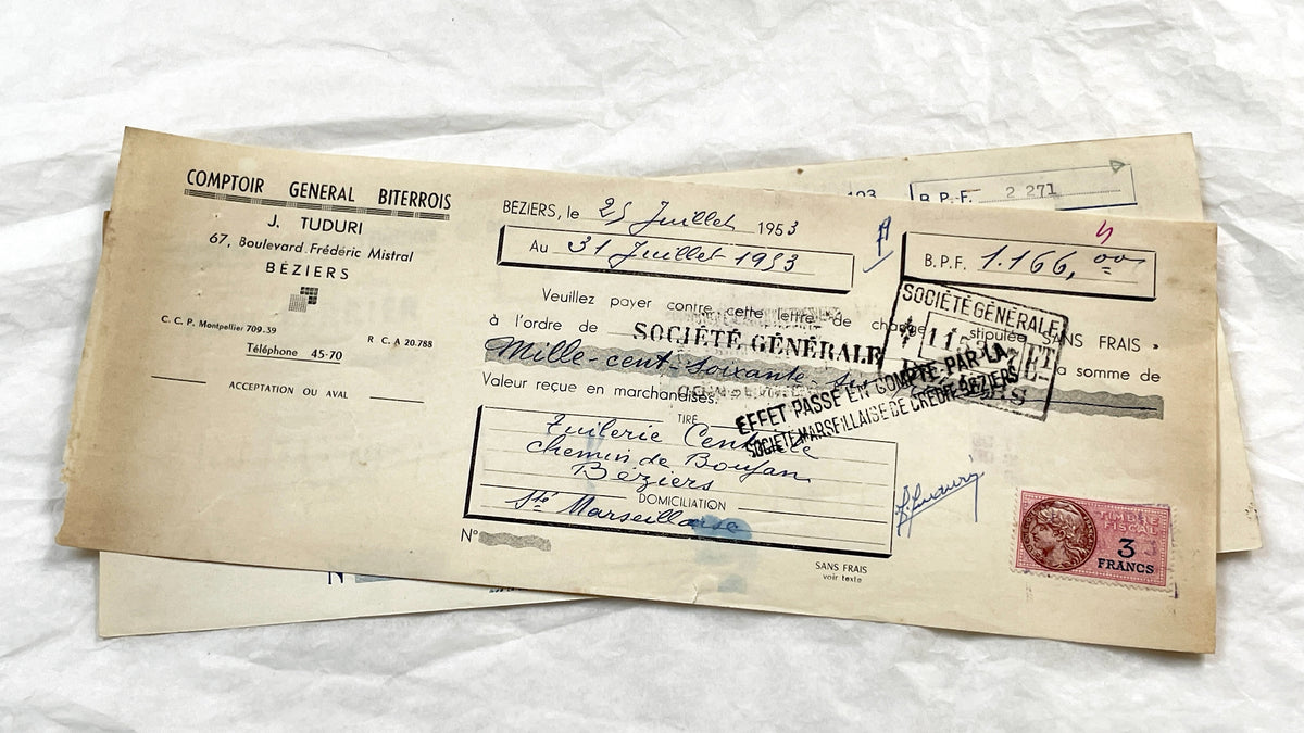 1950s - Lot of 6 Vintage French Bills of Exchange – Handwritten Commercial Documents with Stamps