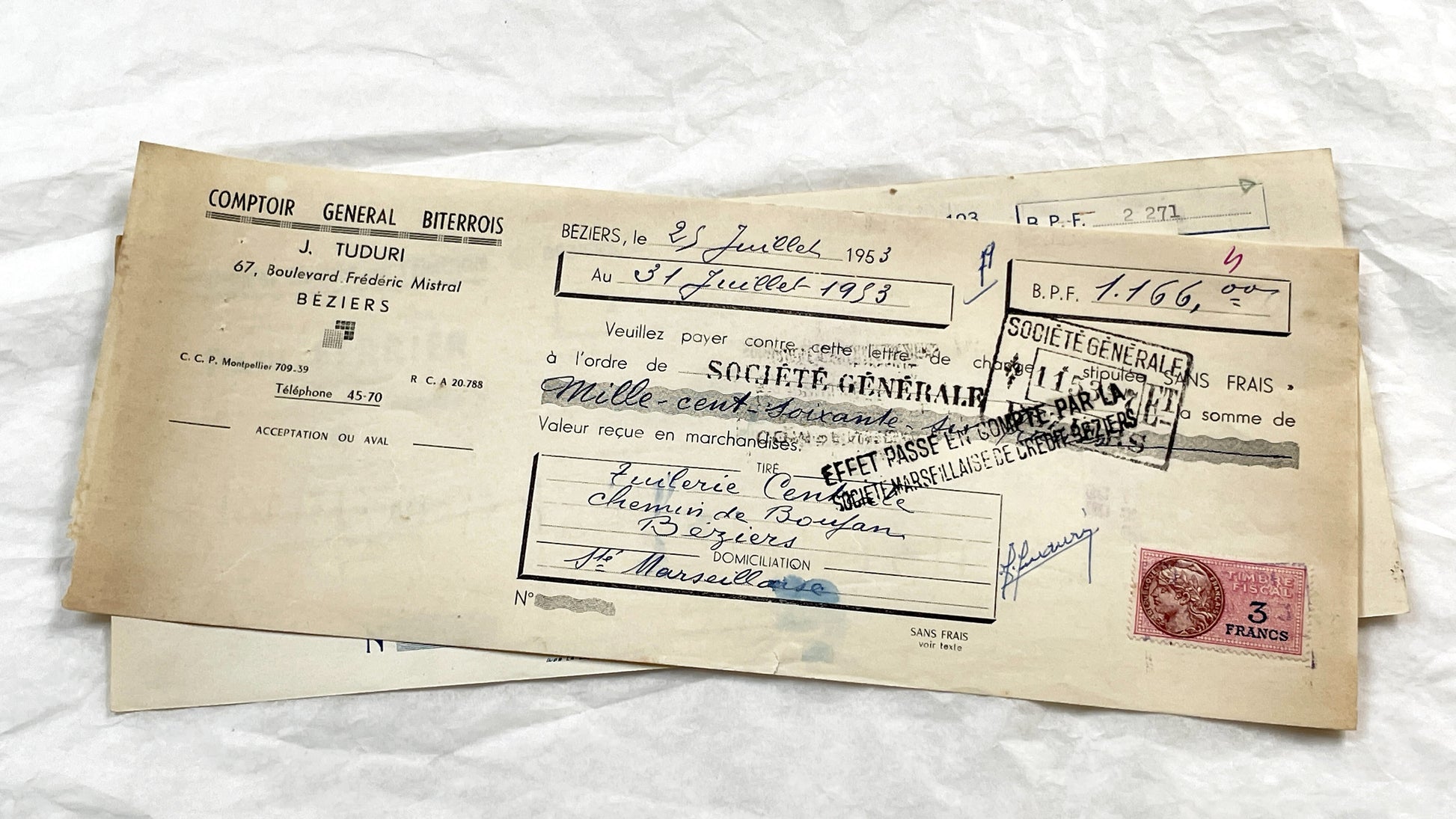 1950s - Lot of 6 Vintage French Bills of Exchange – Handwritten Commercial Documents with Stamps