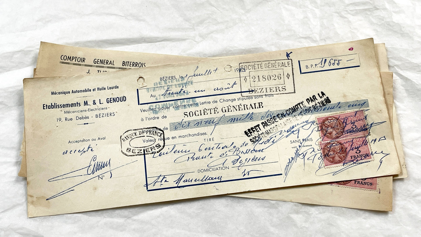 1950s - Lot of 6 Vintage French Bills of Exchange – Handwritten Commercial Documents with Stamps