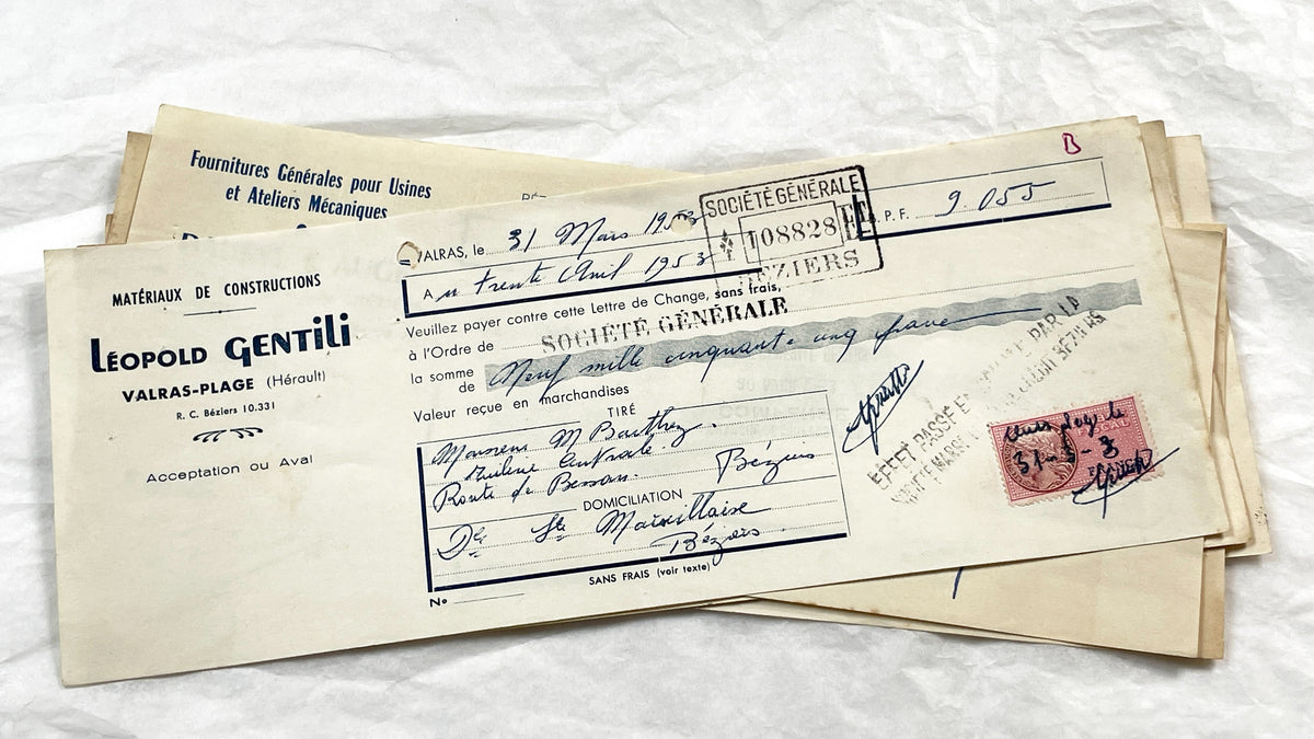 1950s - Lot of 6 Vintage French Bills of Exchange – Handwritten Commercial Documents with Stamps