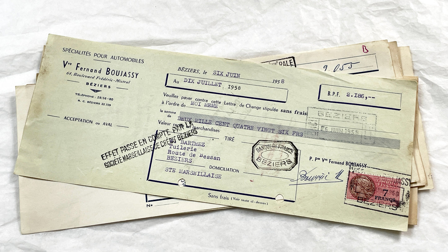 1950s - Lot of 6 Vintage French Bills of Exchange – Handwritten Commercial Documents with Stamps