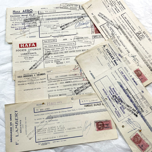 1950s - Lot of 6 Vintage French Bills of Exchange – Handwritten Commercial Documents with Stamps