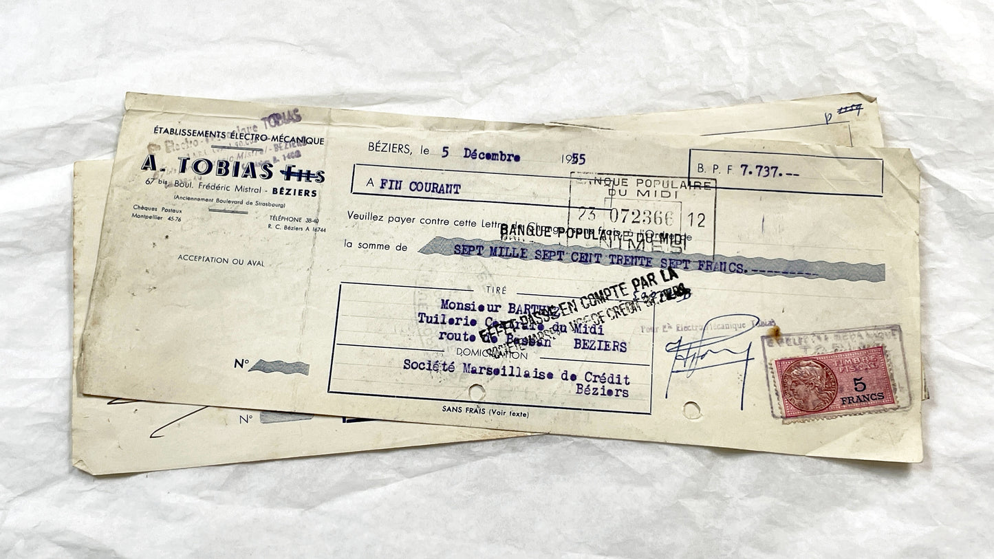 1950s - Lot of 6 Vintage French Bills of Exchange – Handwritten Commercial Documents with Stamps