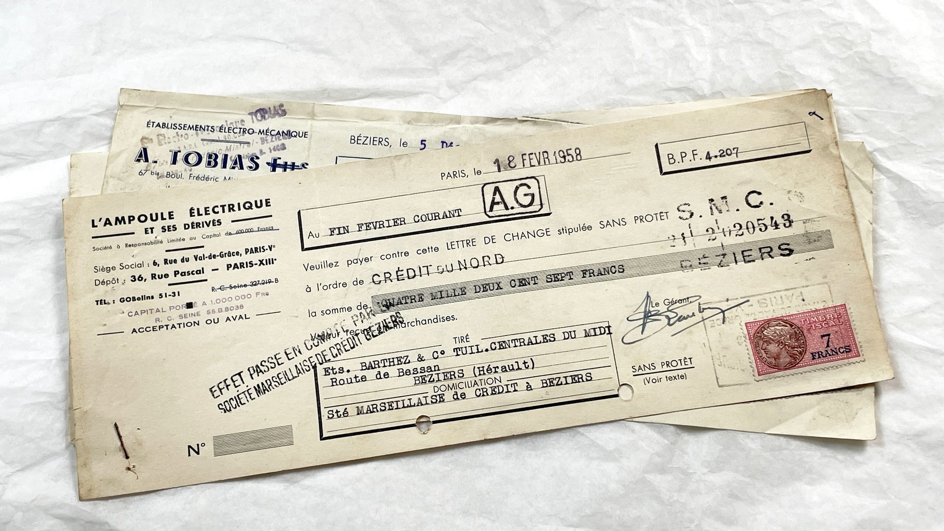 1950s - Lot of 6 Vintage French Bills of Exchange – Handwritten Commercial Documents with Stamps