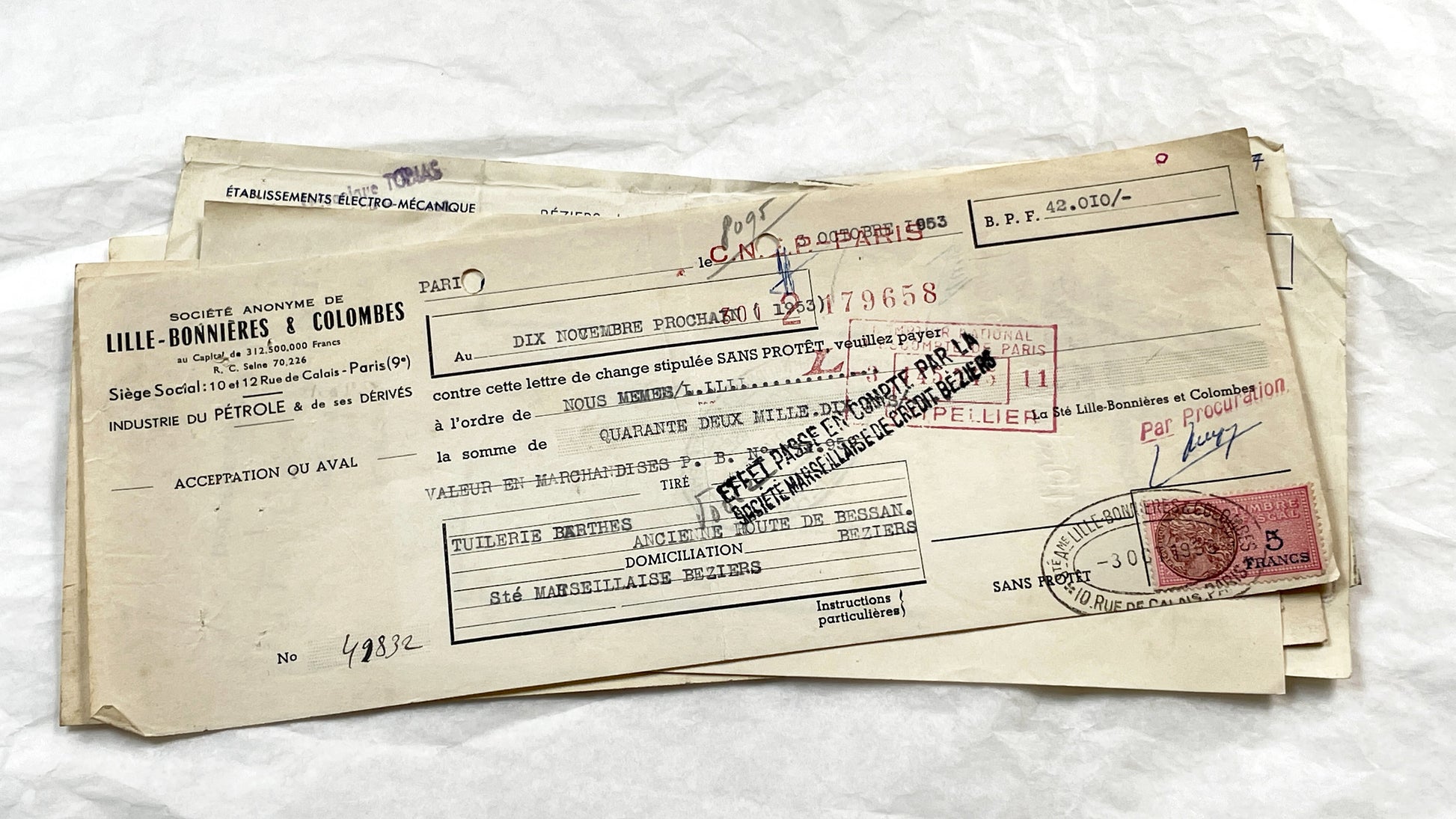 1950s - Lot of 6 Vintage French Bills of Exchange – Handwritten Commercial Documents with Stamps