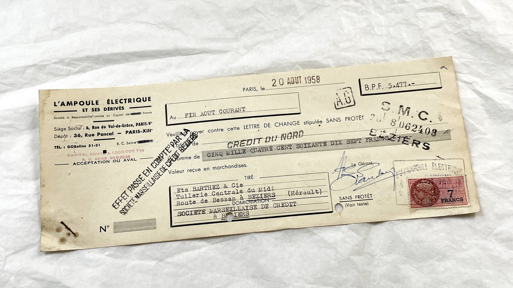 1950s - Lot of 6 Vintage French Bills of Exchange – Handwritten Commercial Documents with Stamps