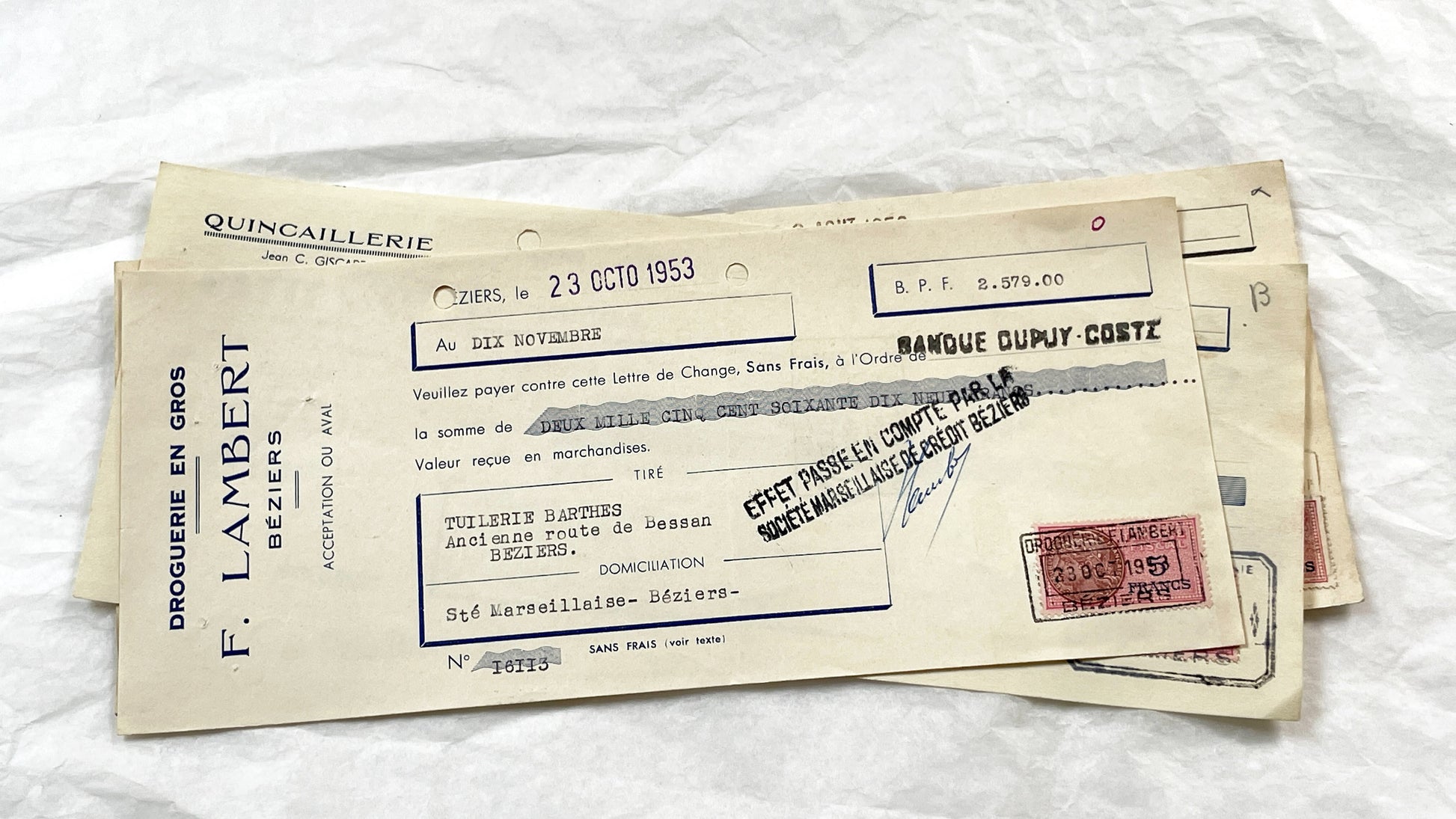 1950s - Lot of 6 Vintage French Bills of Exchange – Handwritten Commercial Documents with Stamps