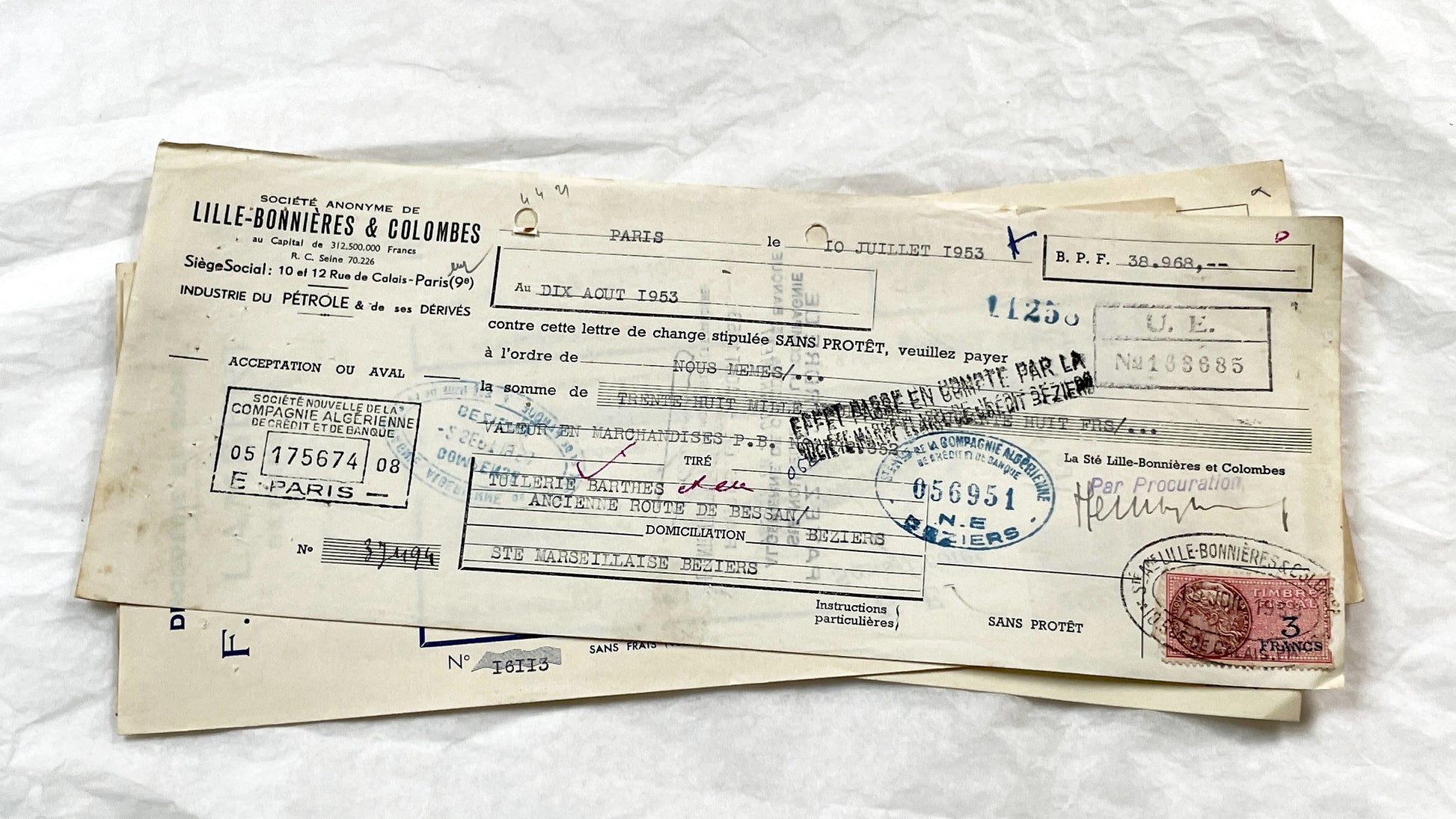 1950s - Lot of 6 Vintage French Bills of Exchange – Handwritten Commercial Documents with Stamps