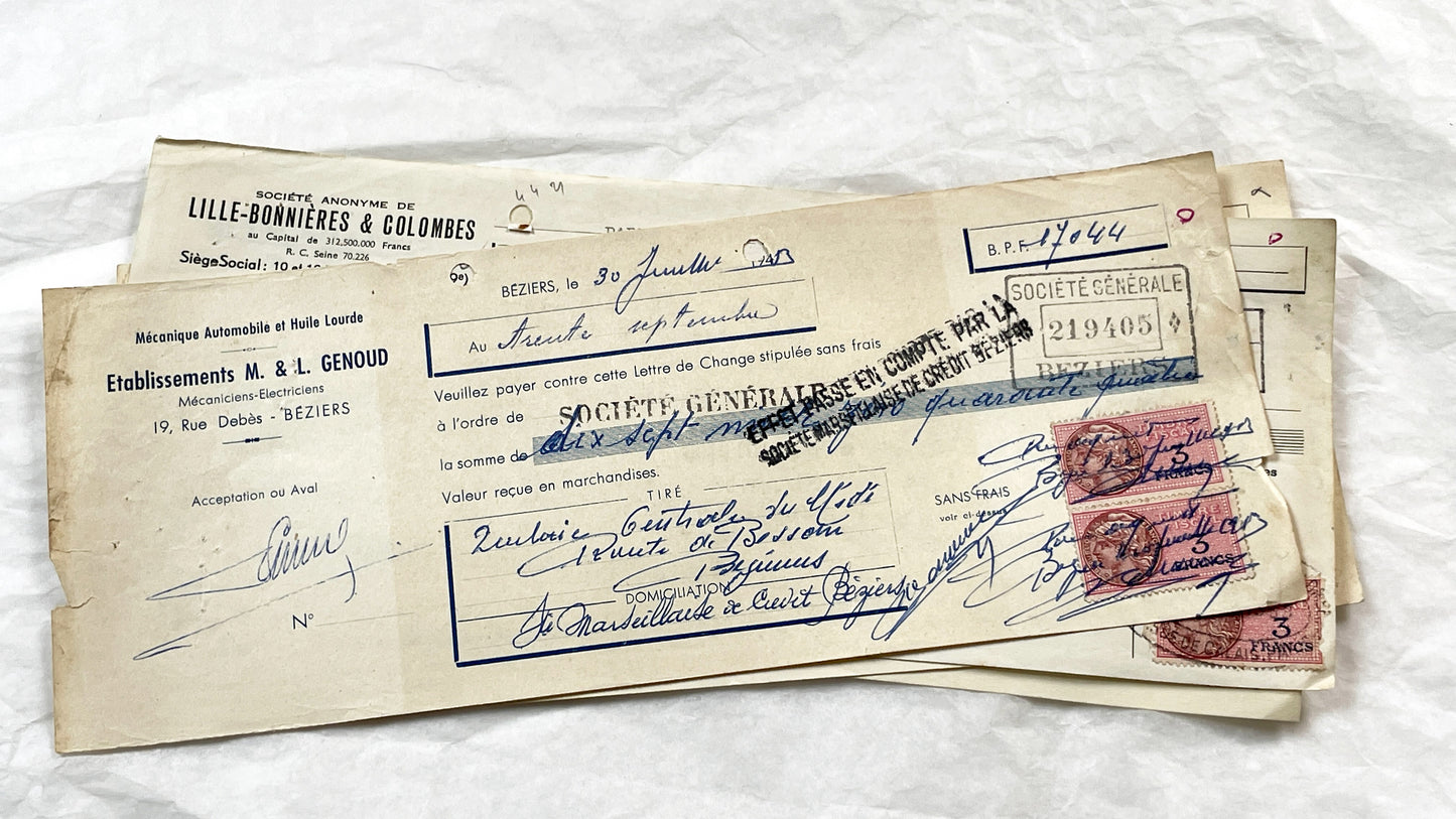 1950s - Lot of 6 Vintage French Bills of Exchange – Handwritten Commercial Documents with Stamps