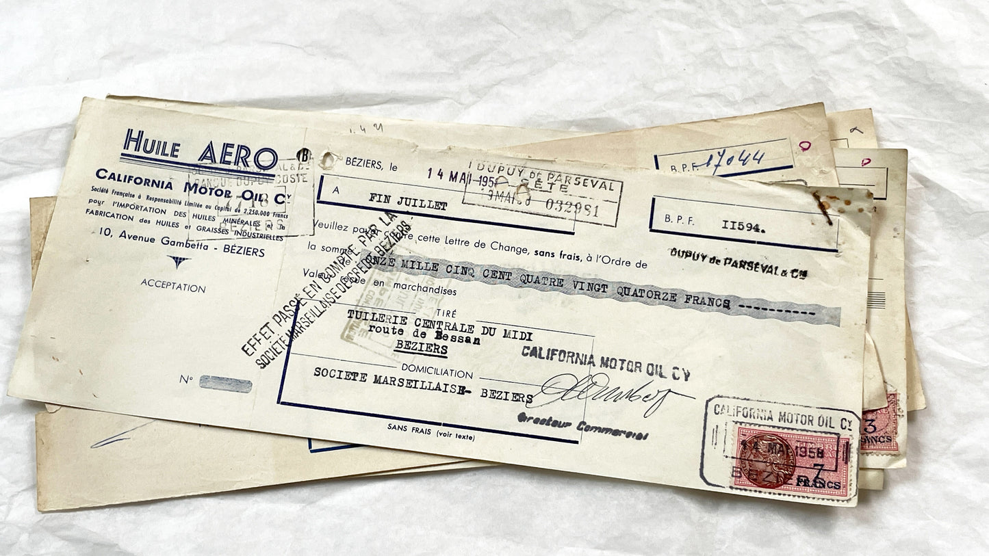 1950s - Lot of 6 Vintage French Bills of Exchange – Handwritten Commercial Documents with Stamps