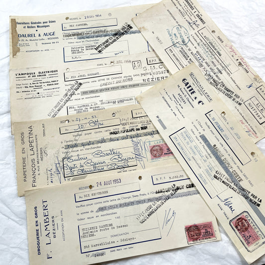 1950s - Lot of 6 Vintage French Bills of Exchange – Handwritten Commercial Documents with Stamps