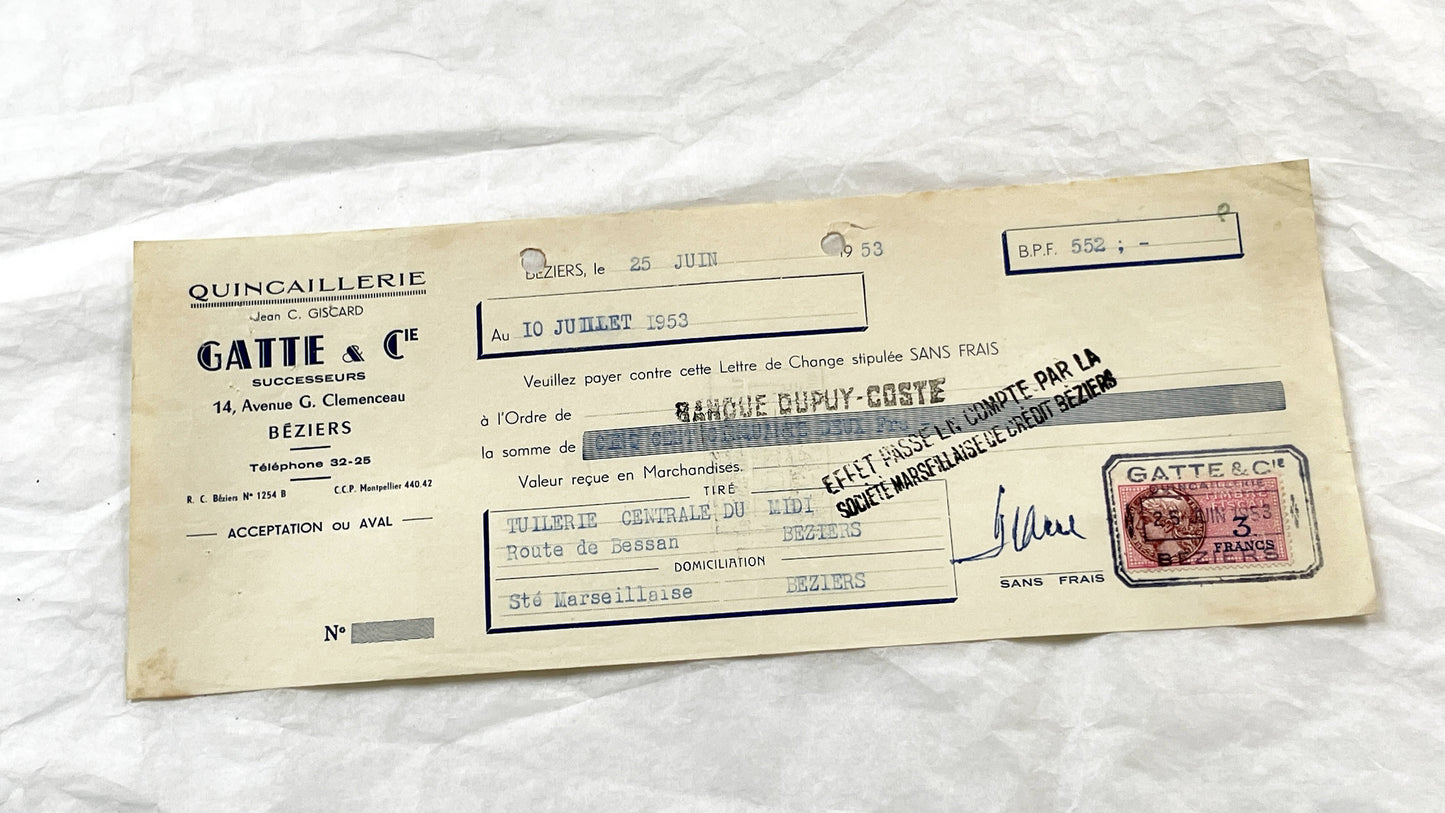 1950s - Lot of 6 Vintage French Bills of Exchange – Handwritten Commercial Documents with Stamps