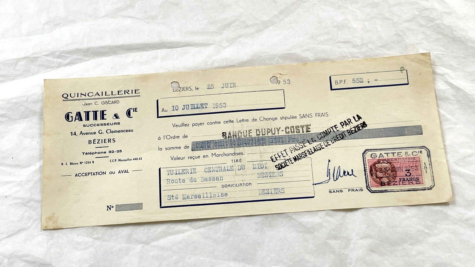 1950s - Lot of 6 Vintage French Bills of Exchange – Handwritten Commercial Documents with Stamps