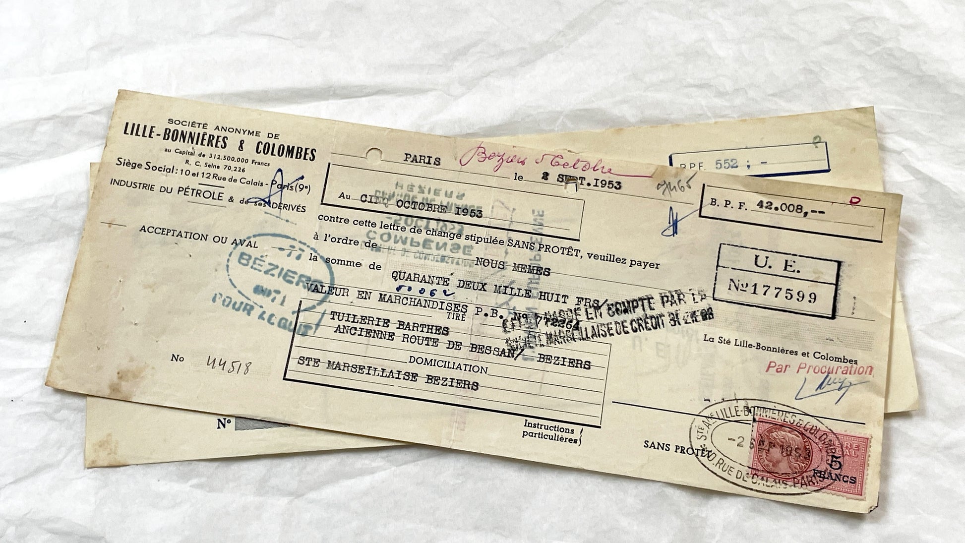 1950s - Lot of 6 Vintage French Bills of Exchange – Handwritten Commercial Documents with Stamps