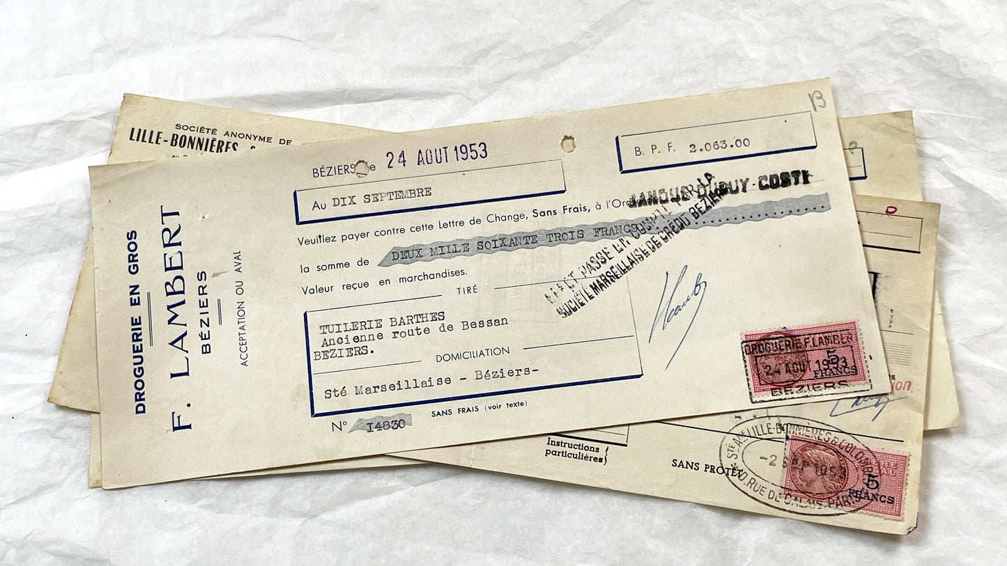 1950s - Lot of 6 Vintage French Bills of Exchange – Handwritten Commercial Documents with Stamps
