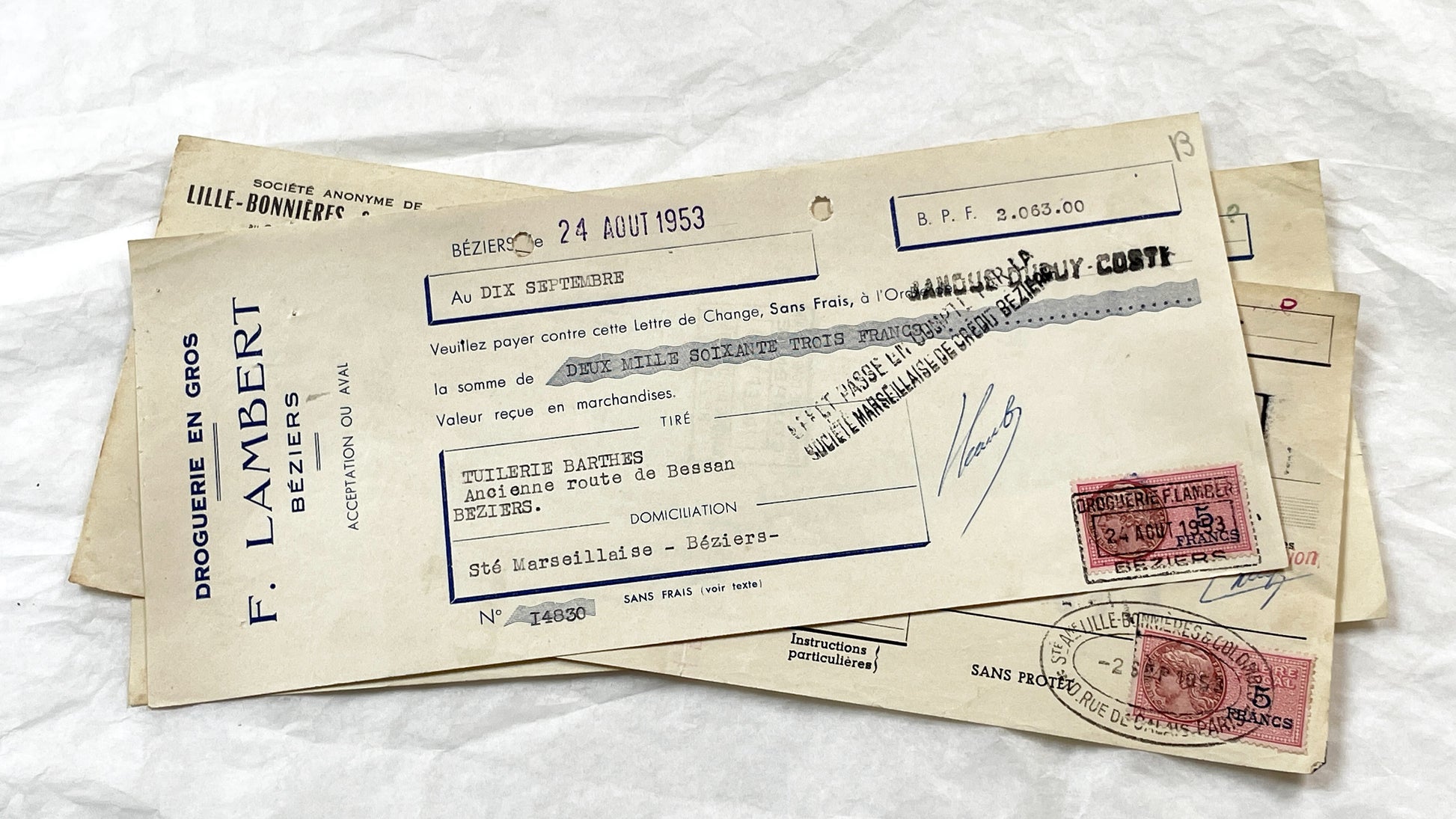 1950s - Lot of 6 Vintage French Bills of Exchange – Handwritten Commercial Documents with Stamps