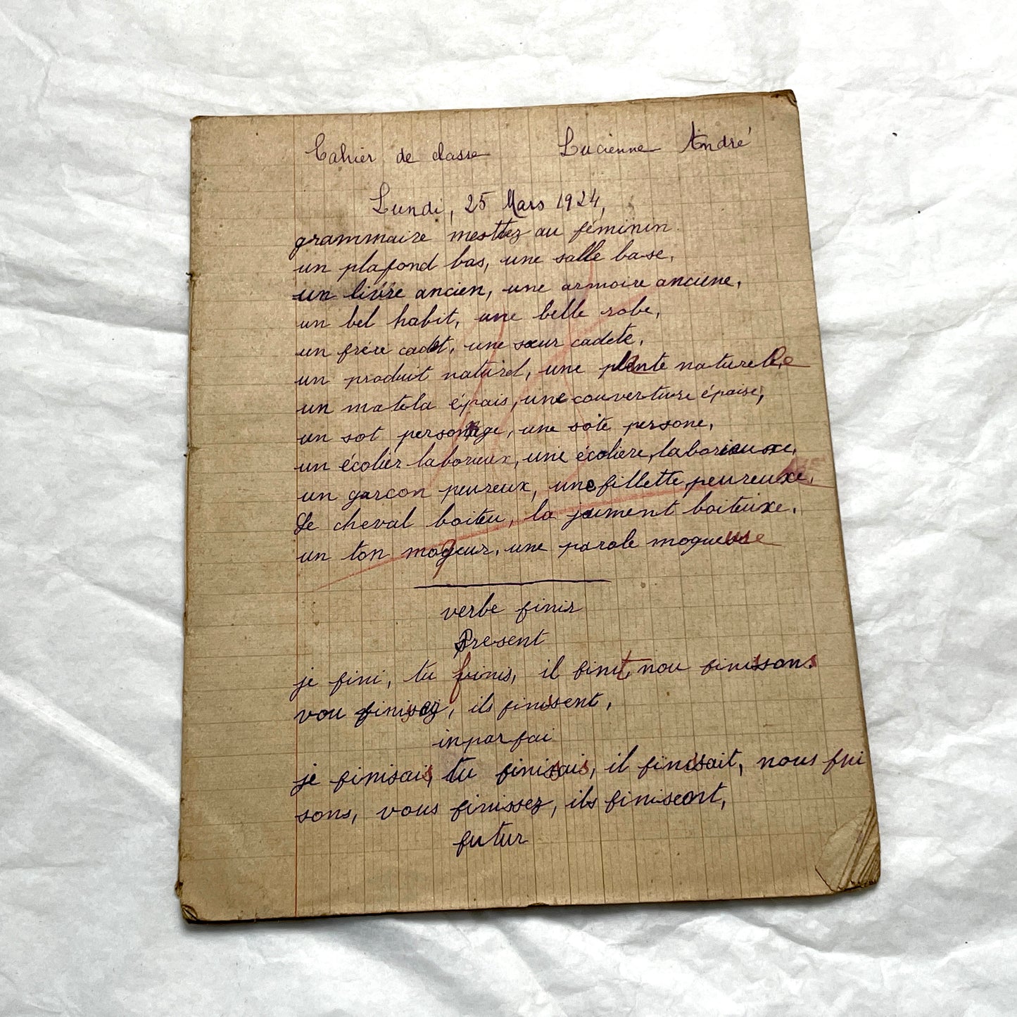 1920s - Authentic French School Notebook - Young Girl's Handwritten Journal - Daily Lessons - French History Ephemera