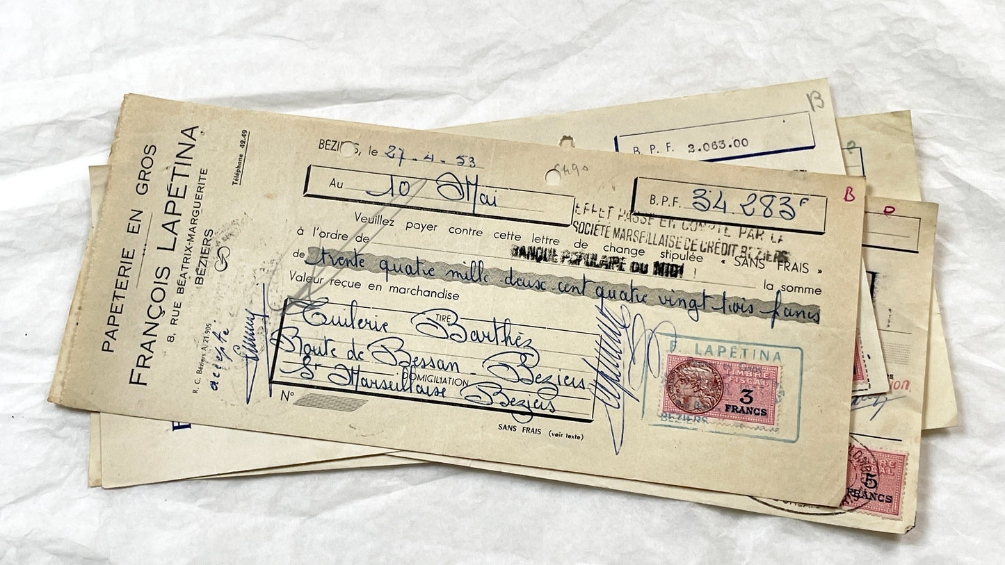 1950s - Lot of 6 Vintage French Bills of Exchange – Handwritten Commercial Documents with Stamps