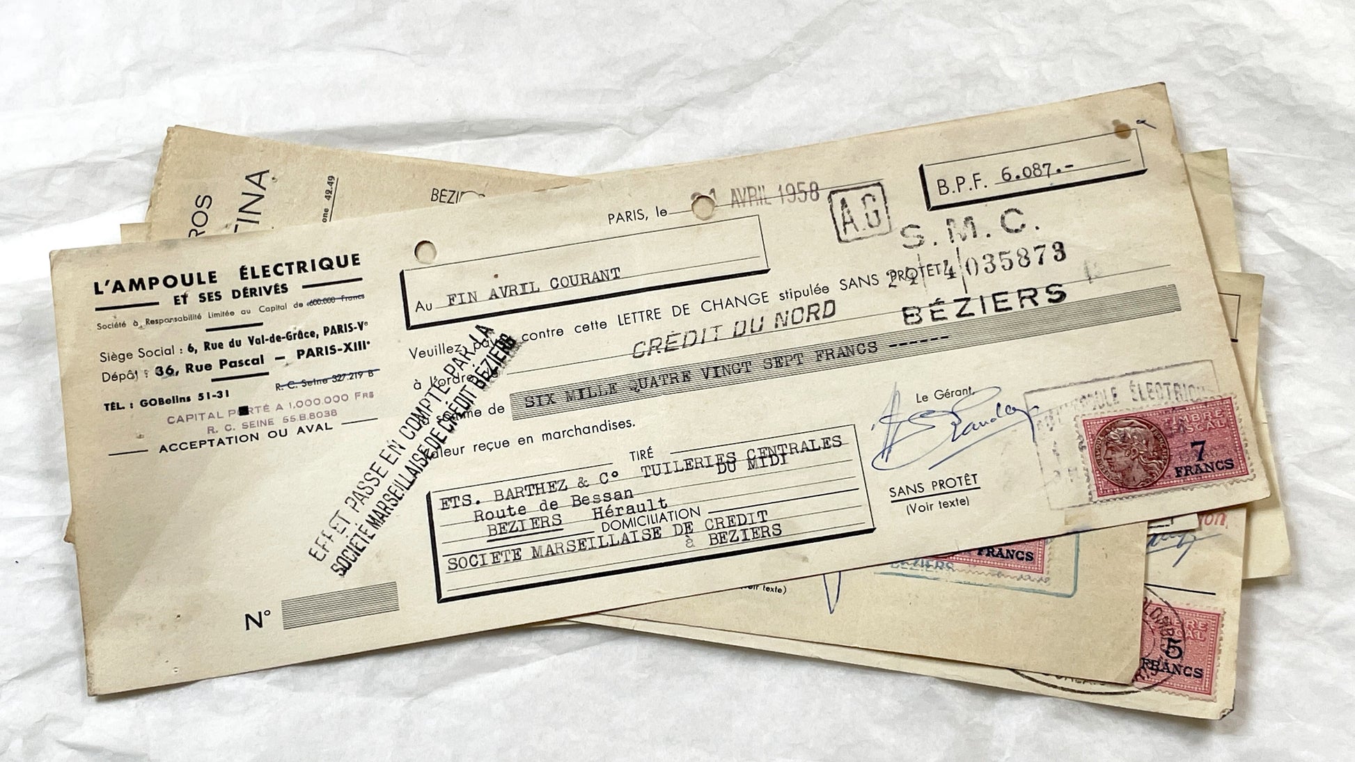 1950s - Lot of 6 Vintage French Bills of Exchange – Handwritten Commercial Documents with Stamps