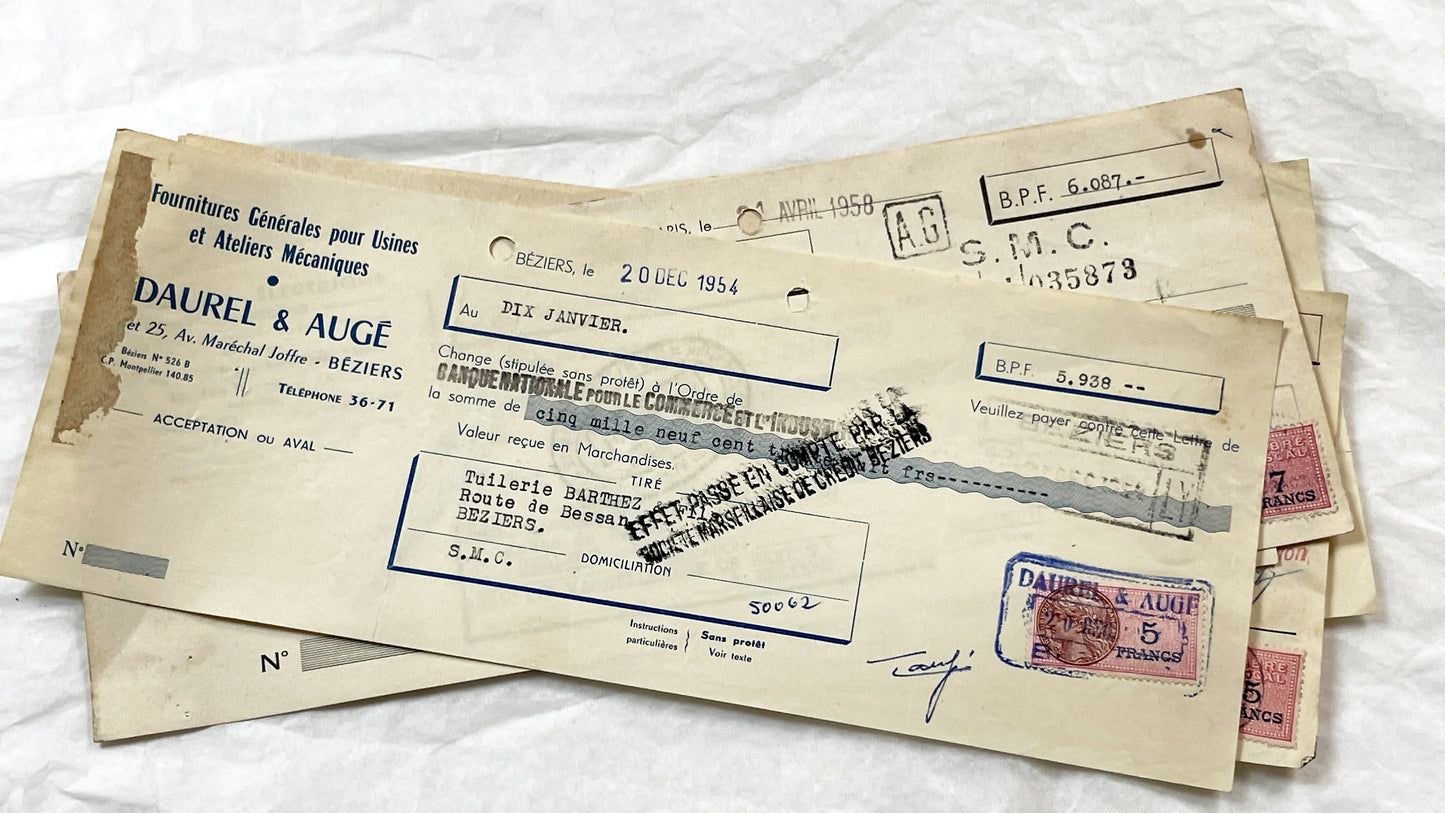 1950s - Lot of 6 Vintage French Bills of Exchange – Handwritten Commercial Documents with Stamps
