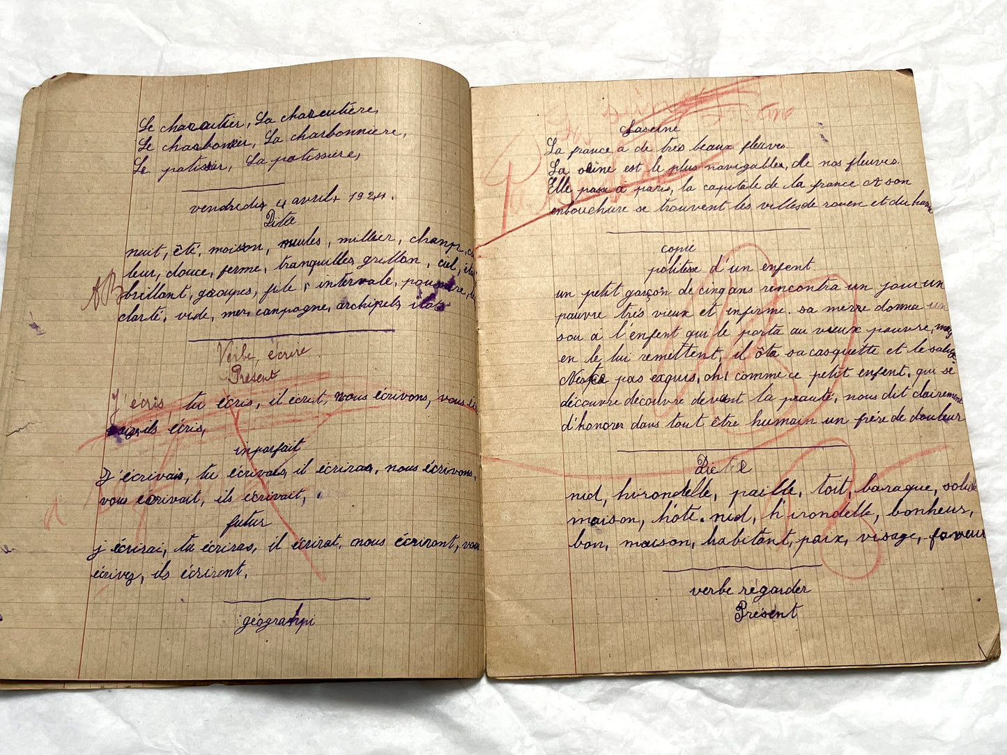 1920s - Authentic French School Notebook - Young Girl's Handwritten Journal - Daily Lessons - French History Ephemera