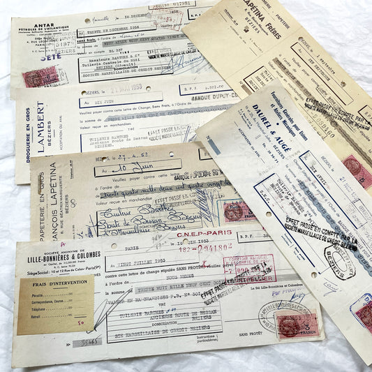 1950s - Lot of 6 Vintage French Bills of Exchange – Handwritten Commercial Documents with Stamps