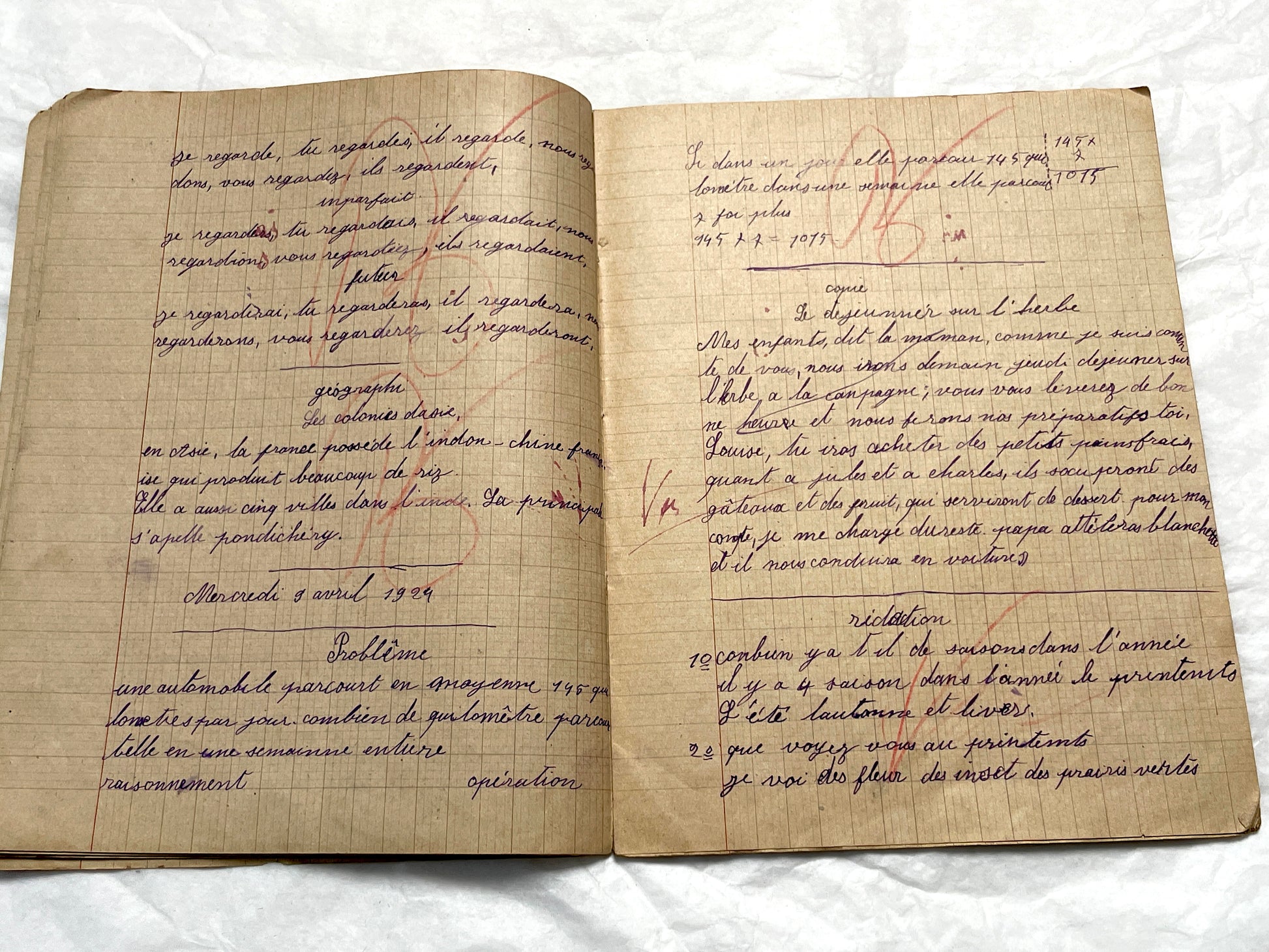 1920s - Authentic French School Notebook - Young Girl's Handwritten Journal - Daily Lessons - French History Ephemera