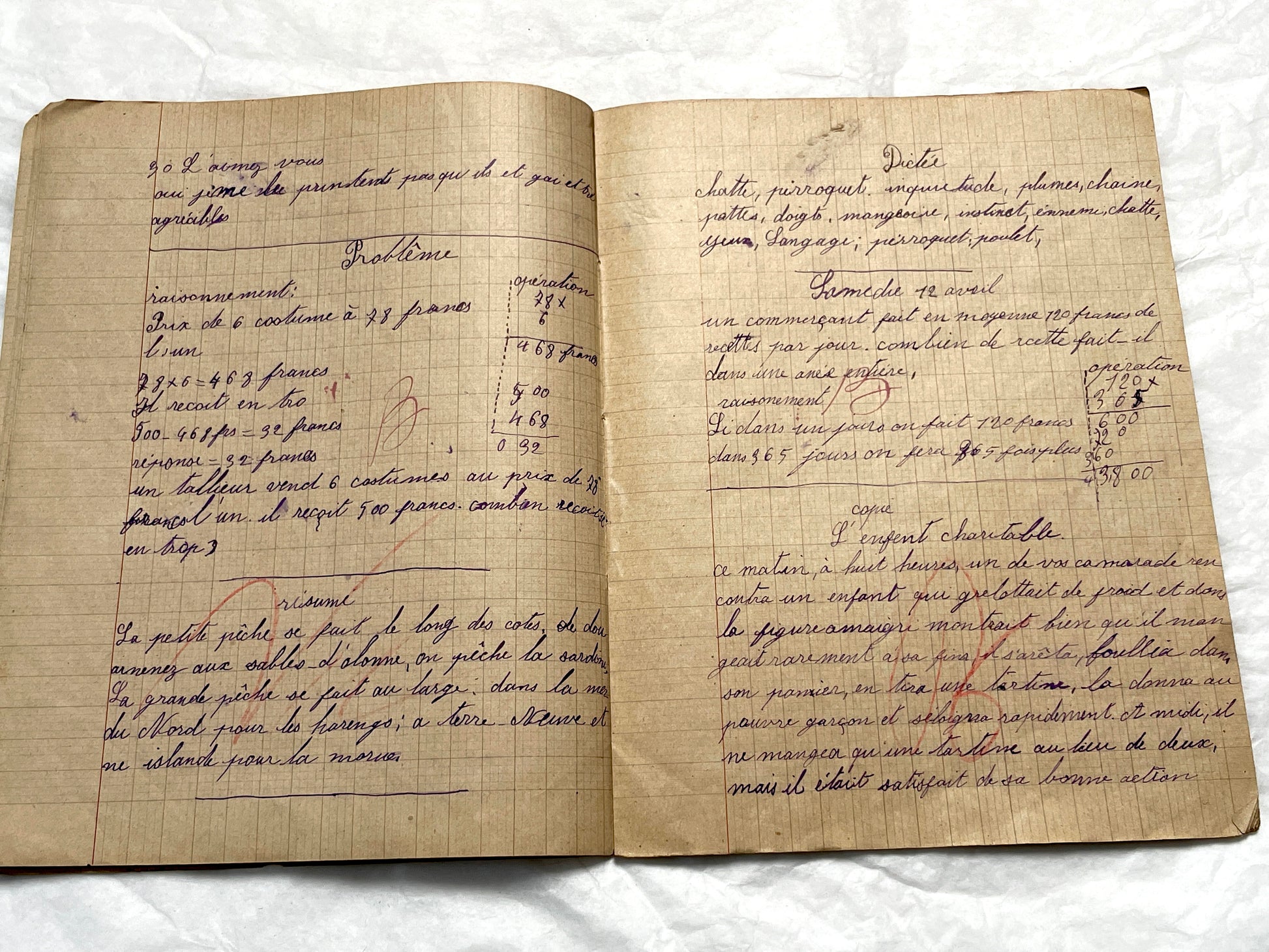 1920s - Authentic French School Notebook - Young Girl's Handwritten Journal - Daily Lessons - French History Ephemera