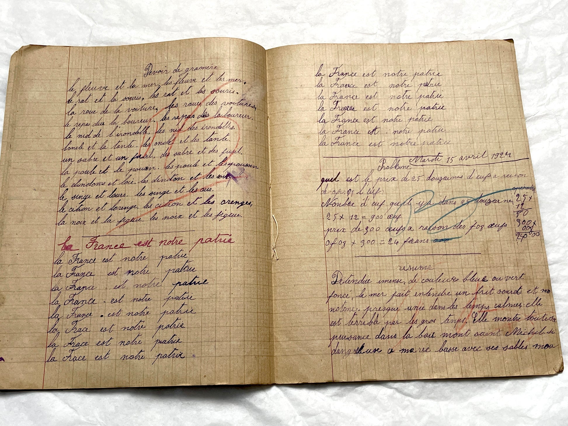 1920s - Authentic French School Notebook - Young Girl's Handwritten Journal - Daily Lessons - French History Ephemera