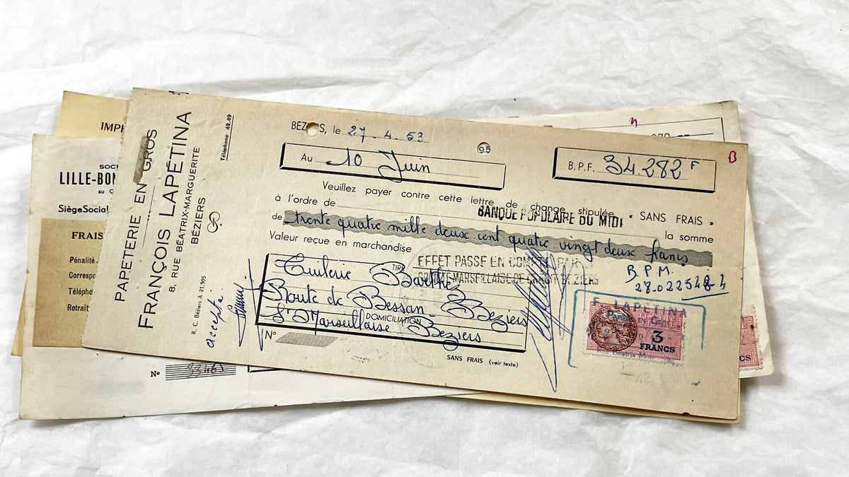 1950s - Lot of 6 Vintage French Bills of Exchange – Handwritten Commercial Documents with Stamps