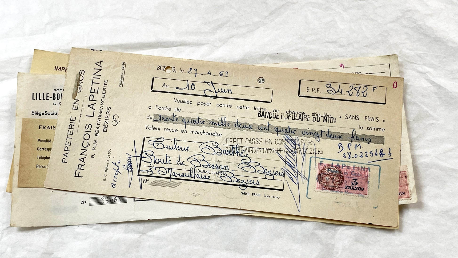 1950s - Lot of 6 Vintage French Bills of Exchange – Handwritten Commercial Documents with Stamps