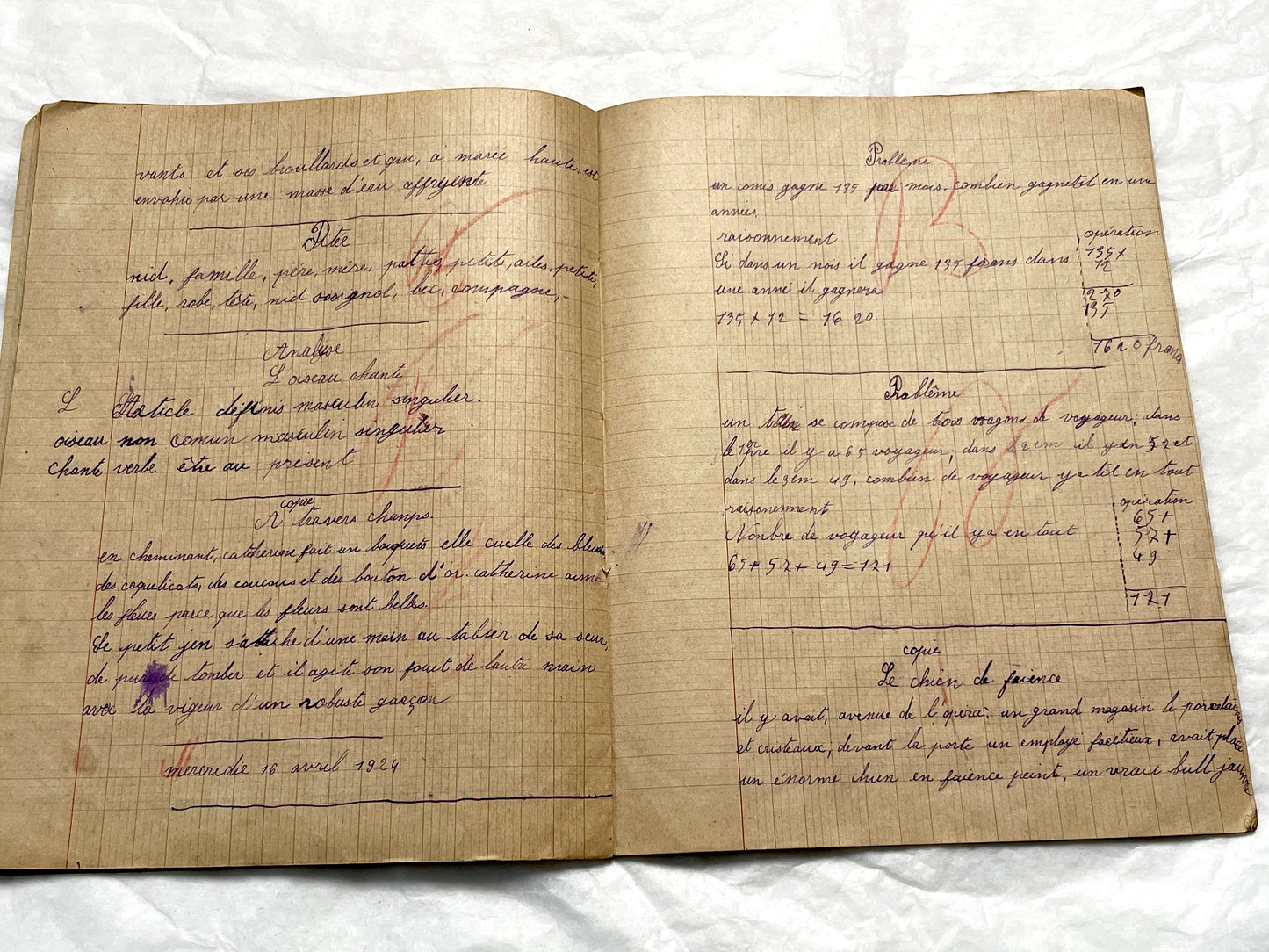 1920s - Authentic French School Notebook - Young Girl's Handwritten Journal - Daily Lessons - French History Ephemera