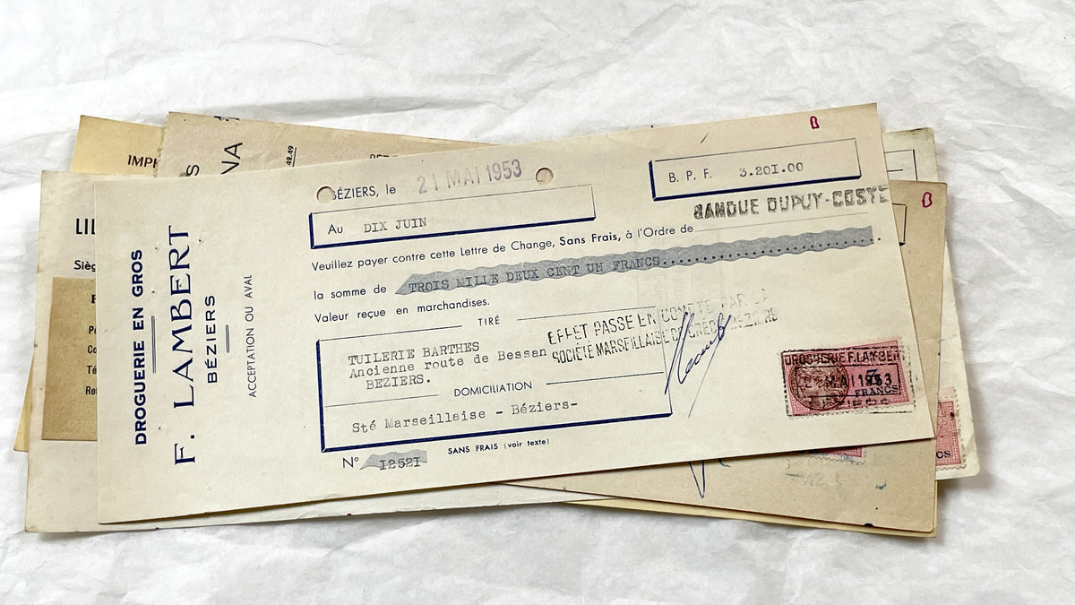 1950s - Lot of 6 Vintage French Bills of Exchange – Handwritten Commercial Documents with Stamps