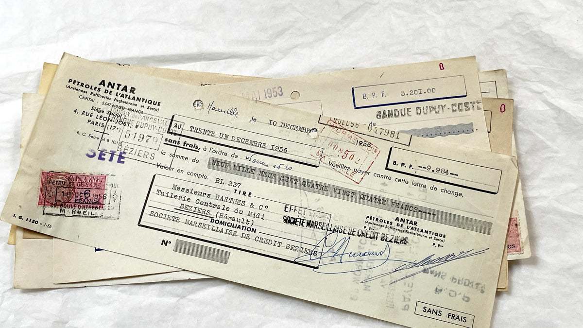 1950s - Lot of 6 Vintage French Bills of Exchange – Handwritten Commercial Documents with Stamps