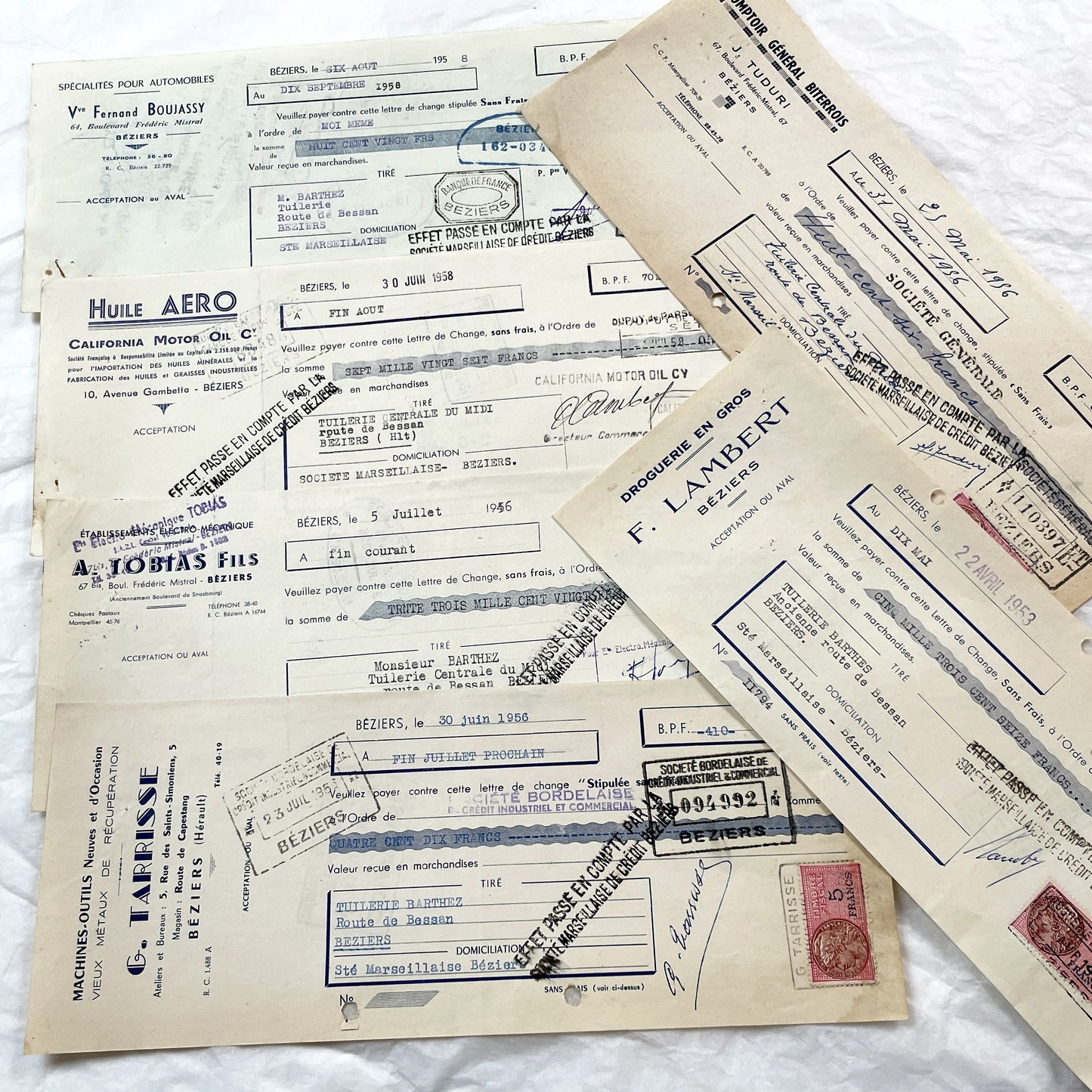1950s - Lot of 6 Vintage French Bills of Exchange – Handwritten Commercial Documents with Stamps