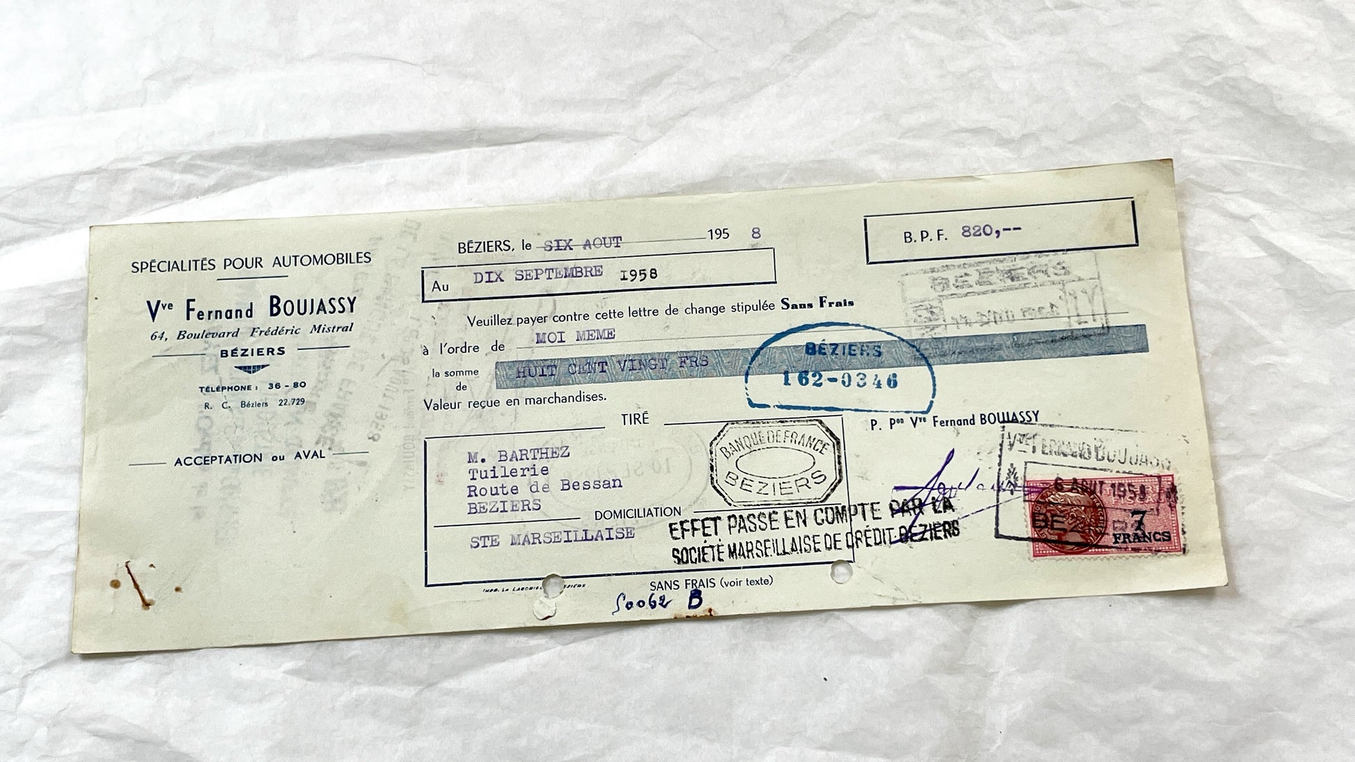 1950s - Lot of 6 Vintage French Bills of Exchange – Handwritten Commercial Documents with Stamps