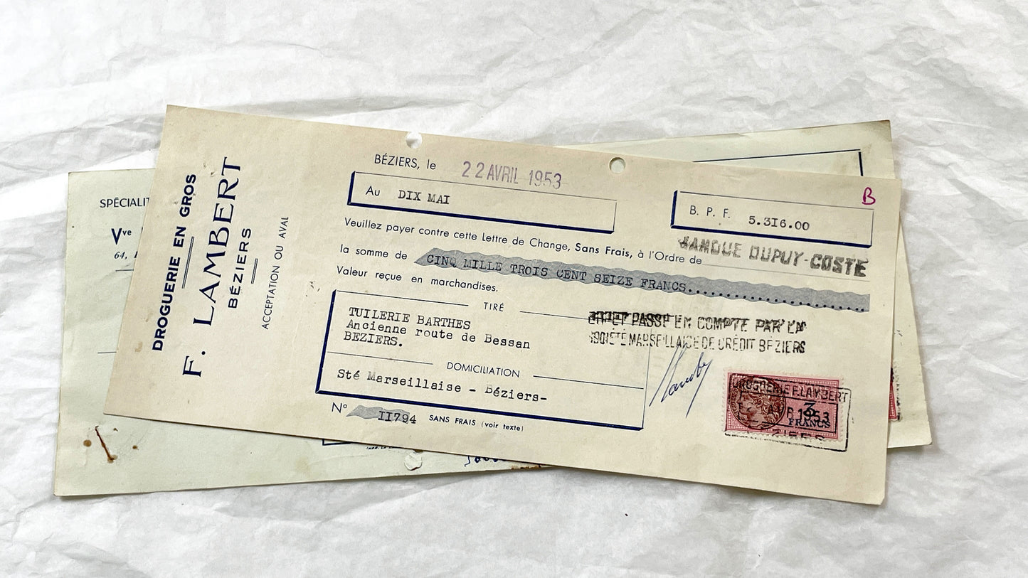 1950s - Lot of 6 Vintage French Bills of Exchange – Handwritten Commercial Documents with Stamps