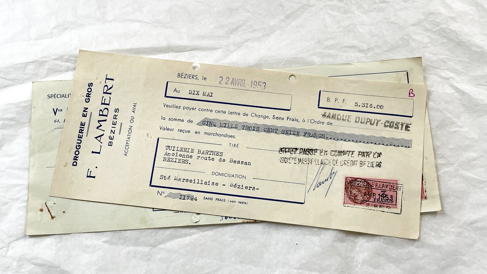 1950s - Lot of 6 Vintage French Bills of Exchange – Handwritten Commercial Documents with Stamps