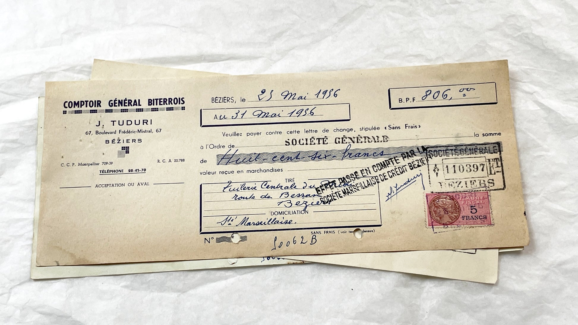1950s - Lot of 6 Vintage French Bills of Exchange – Handwritten Commercial Documents with Stamps