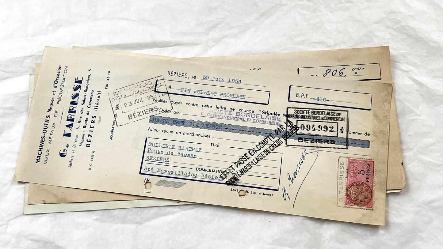 1950s - Lot of 6 Vintage French Bills of Exchange – Handwritten Commercial Documents with Stamps