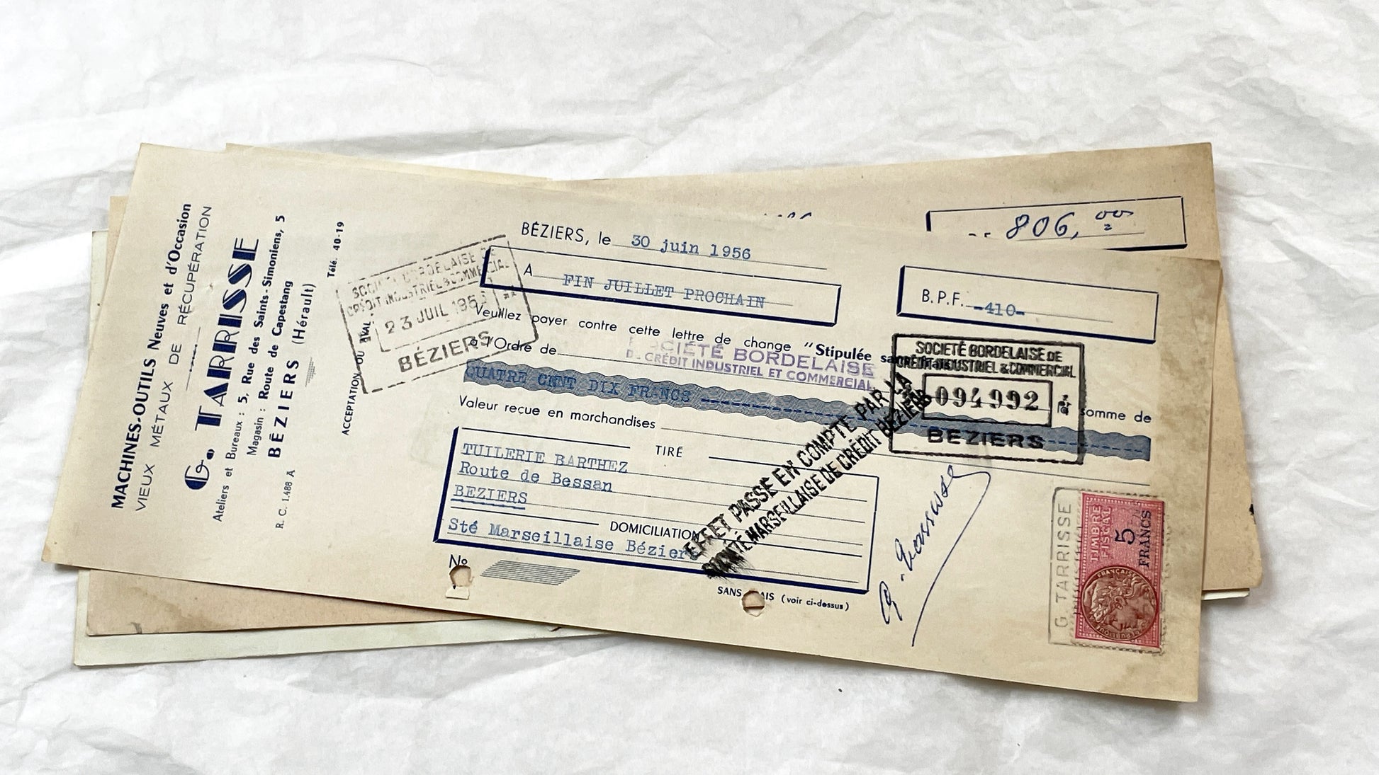 1950s - Lot of 6 Vintage French Bills of Exchange – Handwritten Commercial Documents with Stamps