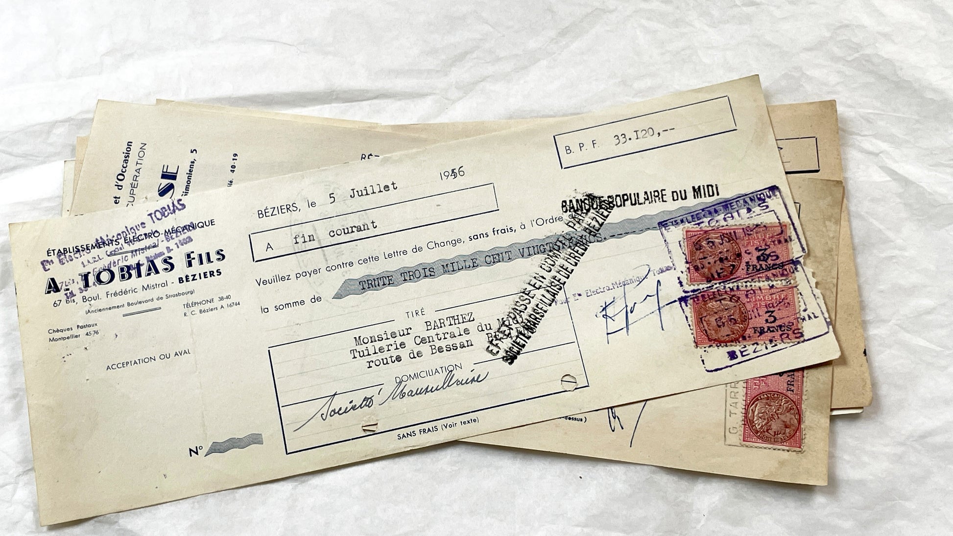 1950s - Lot of 6 Vintage French Bills of Exchange – Handwritten Commercial Documents with Stamps