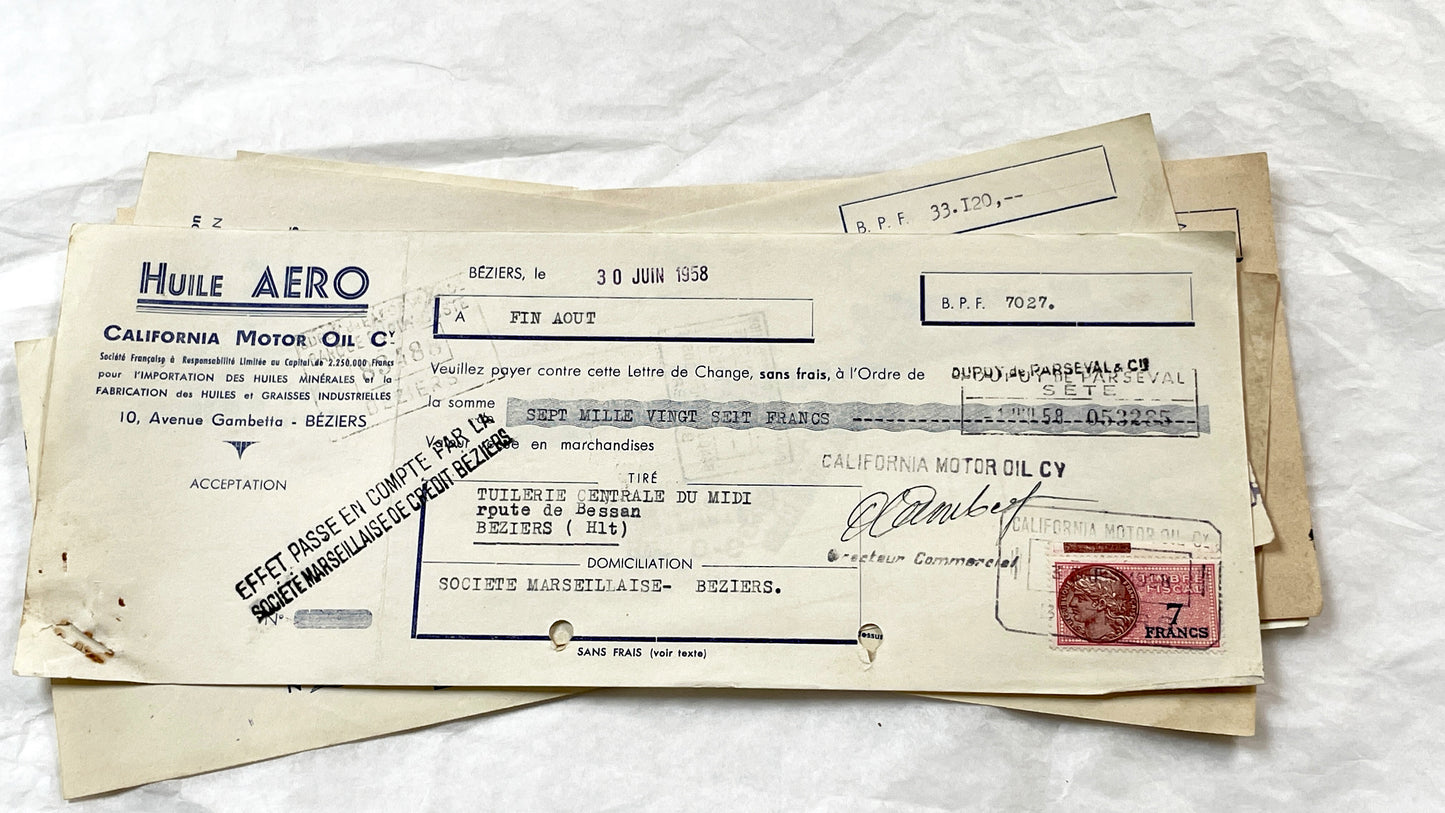 1950s - Lot of 6 Vintage French Bills of Exchange – Handwritten Commercial Documents with Stamps