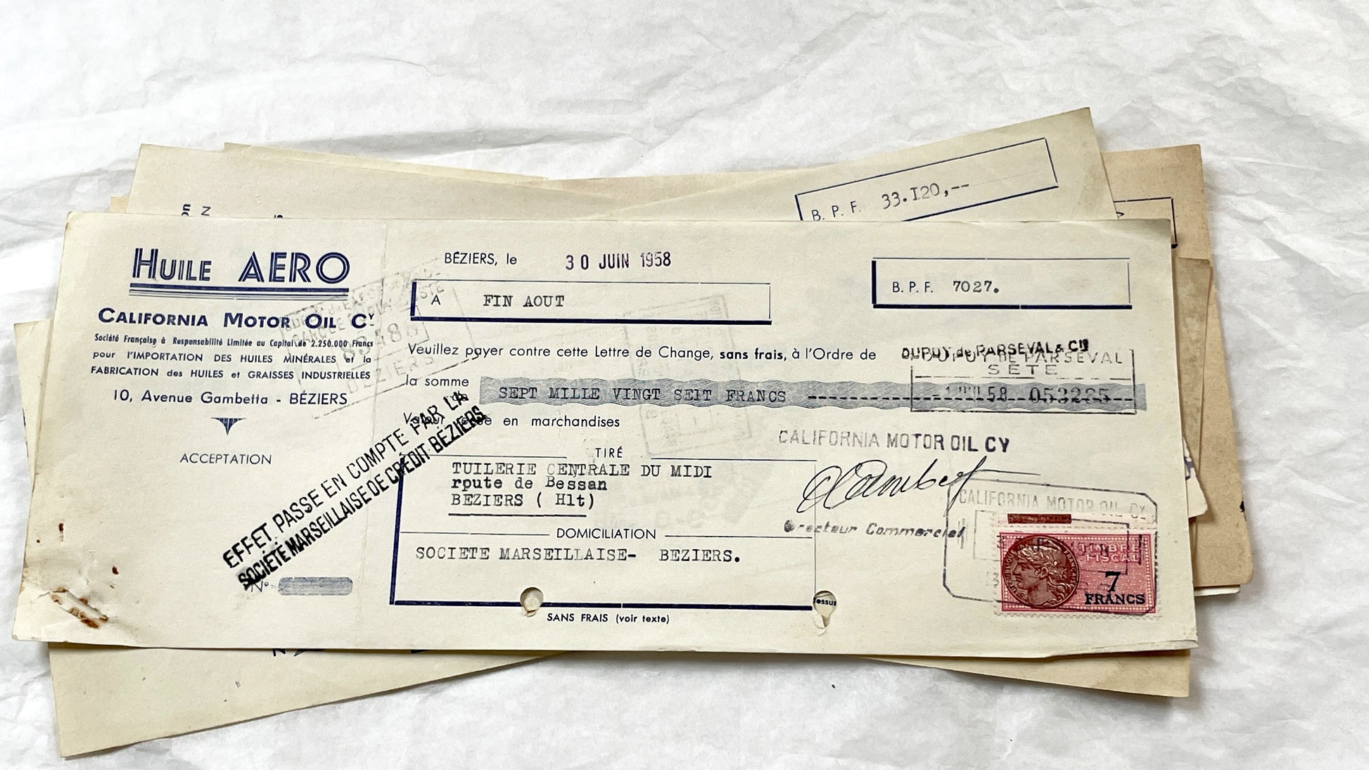 1950s - Lot of 6 Vintage French Bills of Exchange – Handwritten Commercial Documents with Stamps