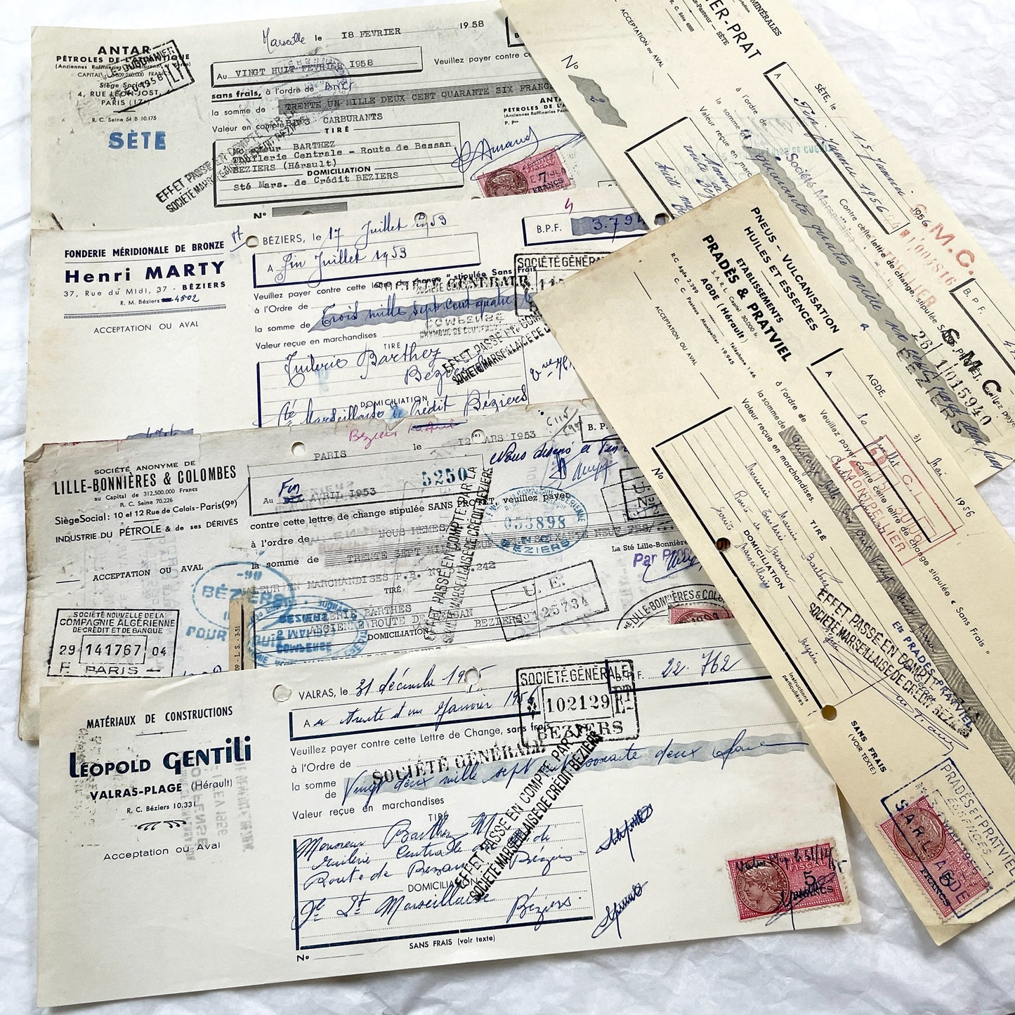 1950s - Lot of 6 Vintage French Bills of Exchange – Handwritten Commercial Documents with Stamps