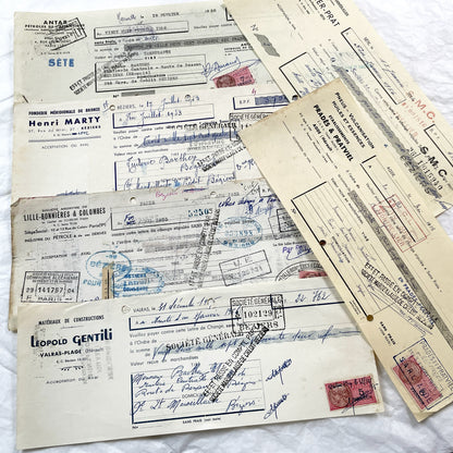 1950s - Lot of 6 Vintage French Bills of Exchange – Handwritten Commercial Documents with Stamps