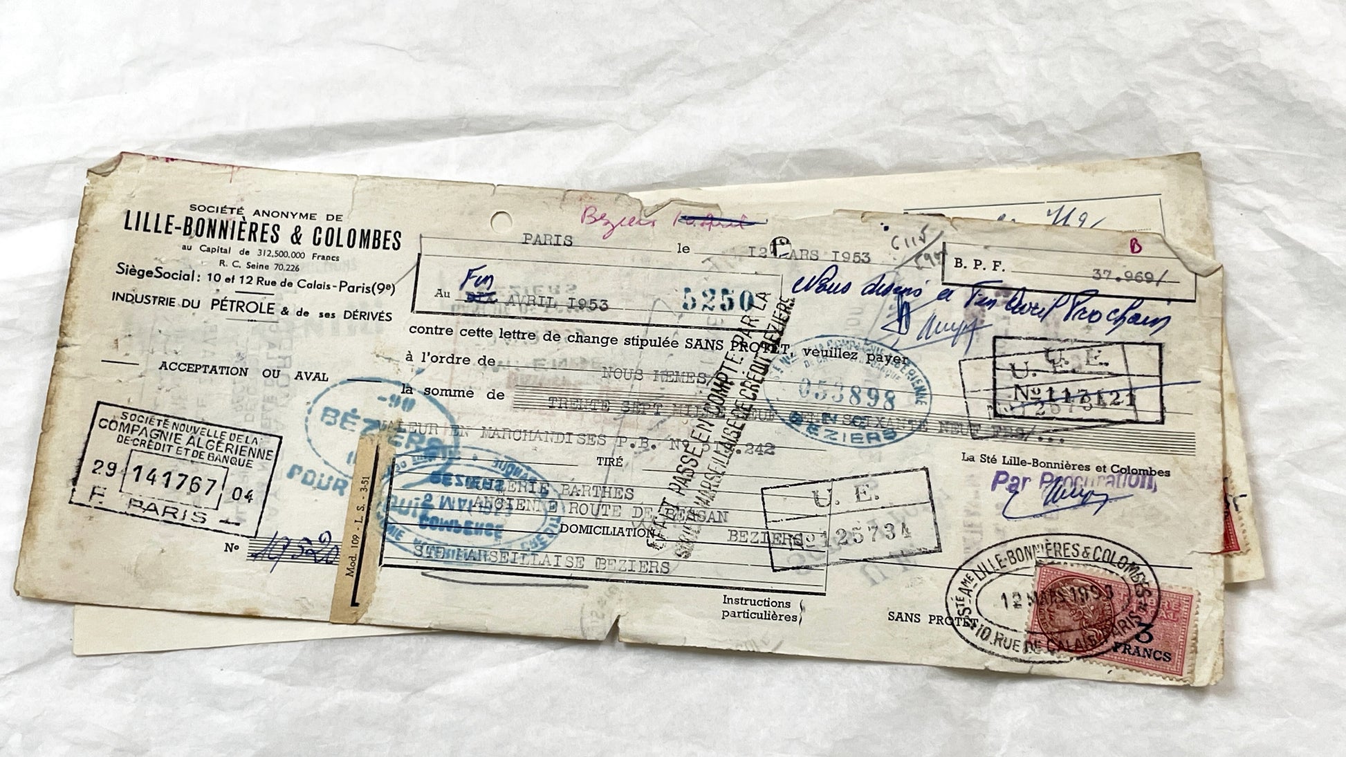 1950s - Lot of 6 Vintage French Bills of Exchange – Handwritten Commercial Documents with Stamps