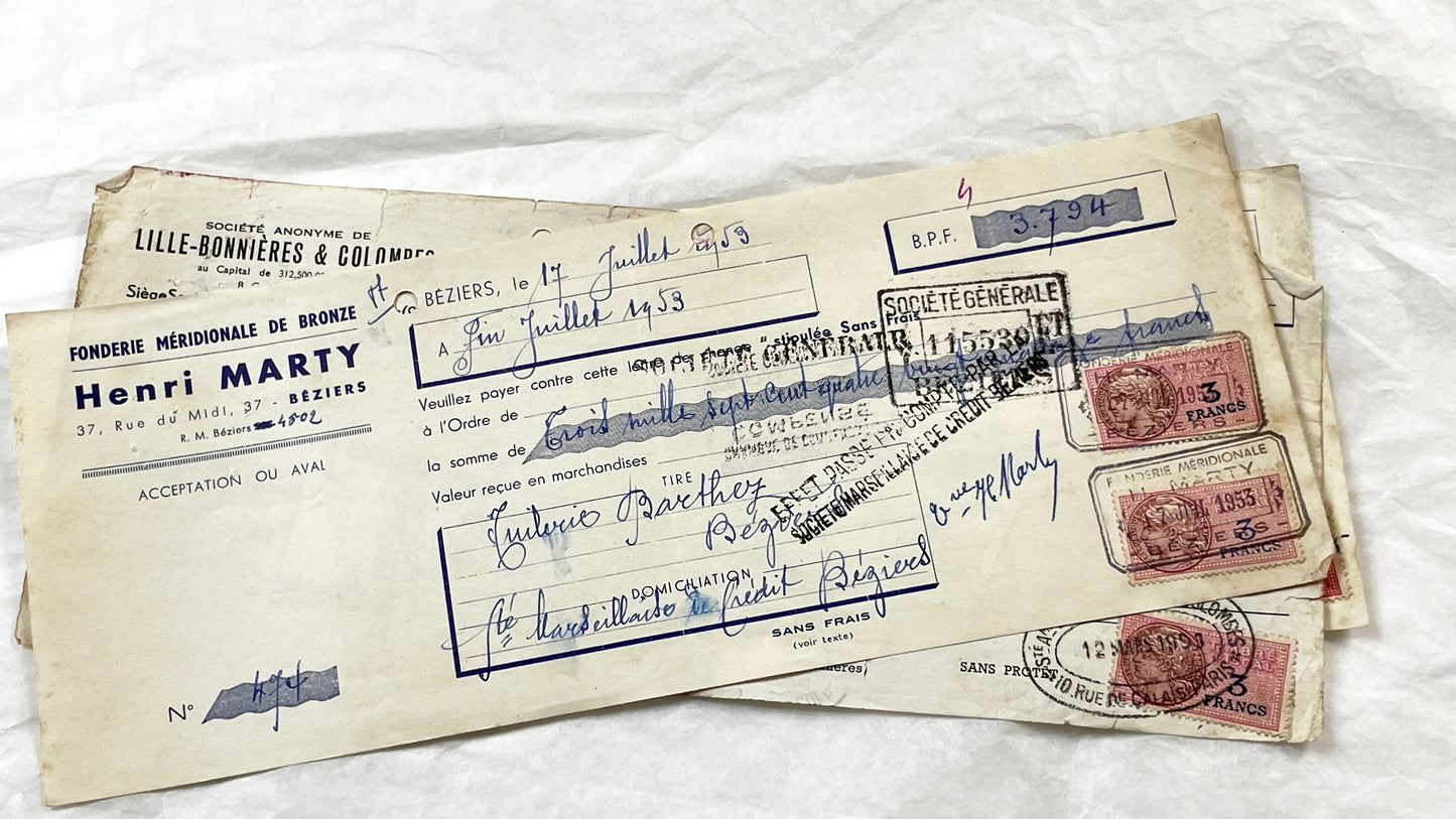 1950s - Lot of 6 Vintage French Bills of Exchange – Handwritten Commercial Documents with Stamps