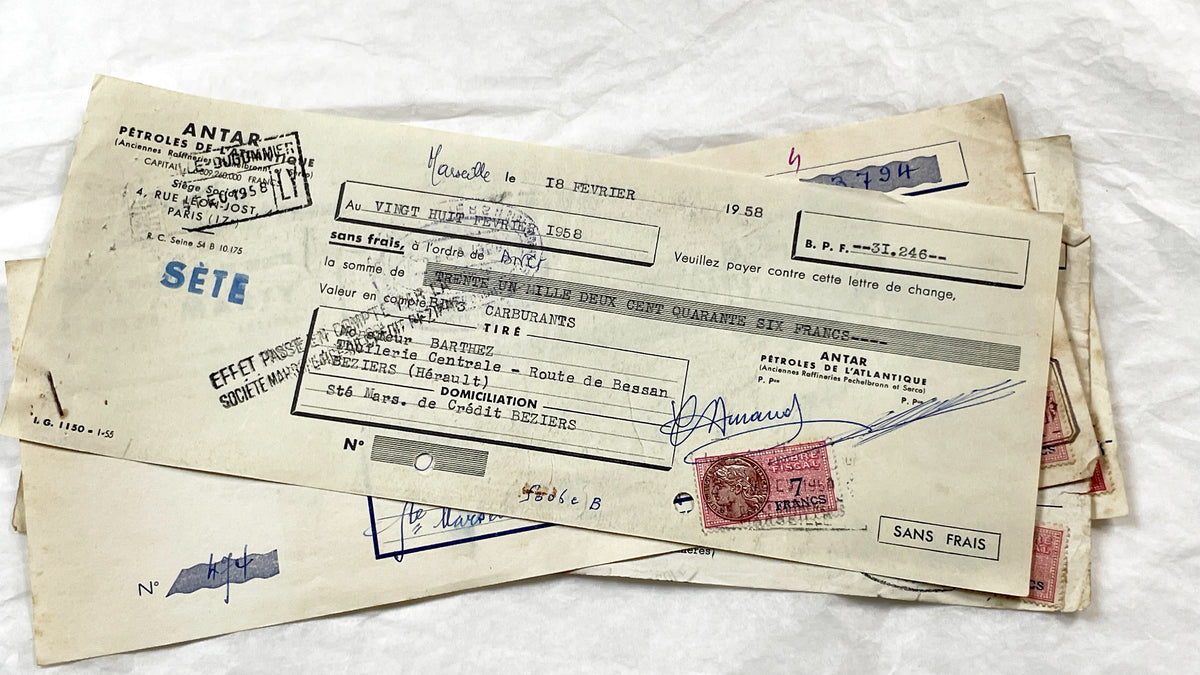 1950s - Lot of 6 Vintage French Bills of Exchange – Handwritten Commercial Documents with Stamps