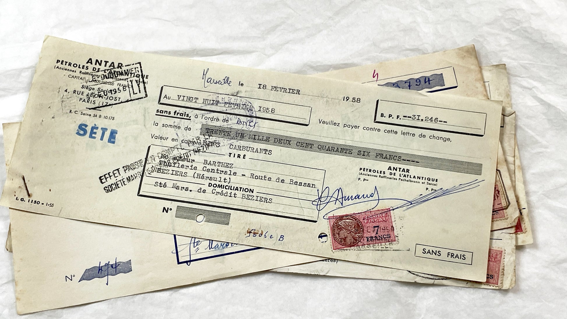 1950s - Lot of 6 Vintage French Bills of Exchange – Handwritten Commercial Documents with Stamps